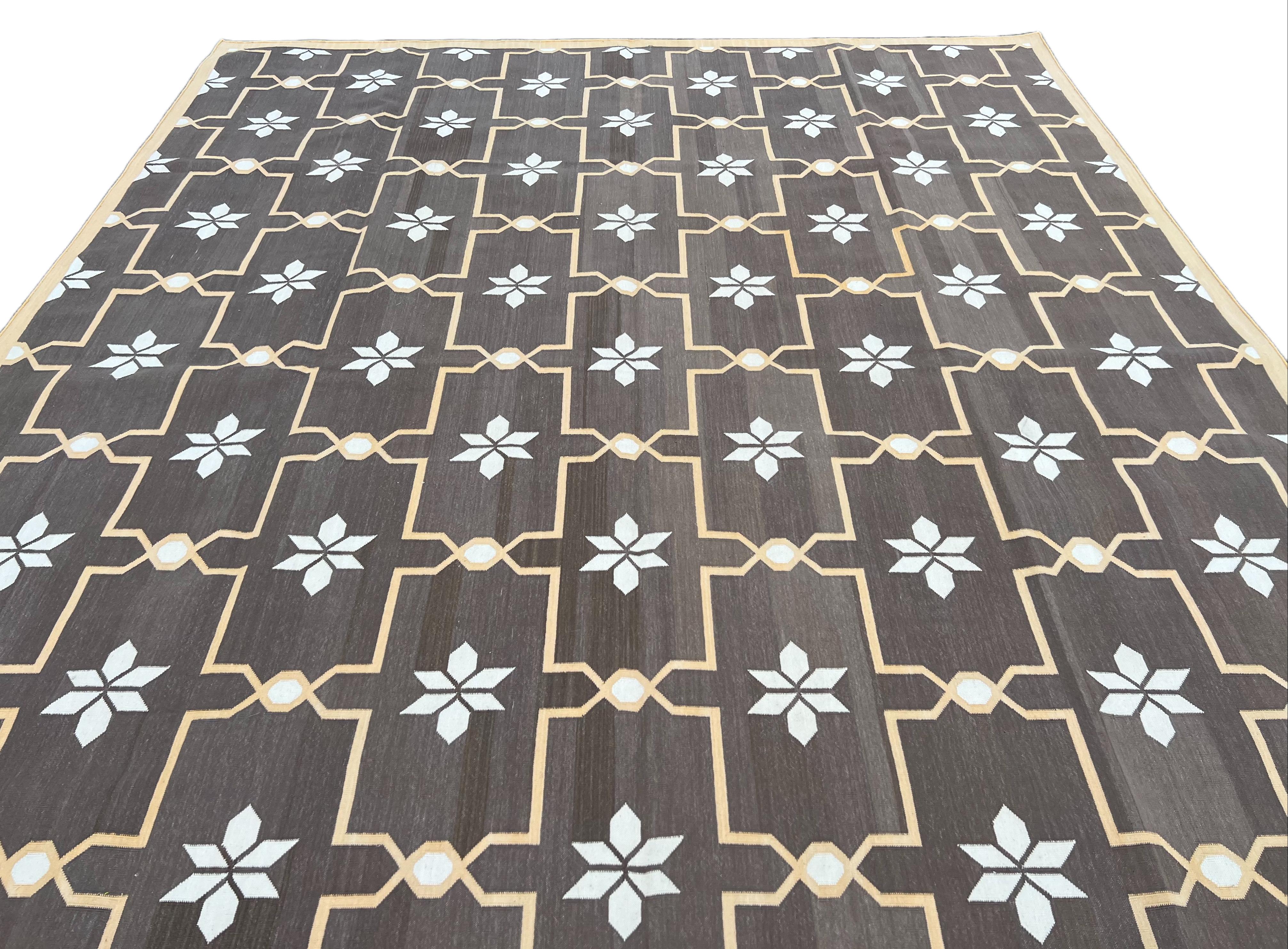 Contemporary Handmade Cotton Area Flat Weave Rug, Brown And Cream Flower Pattern Dhurrie Rug For Sale