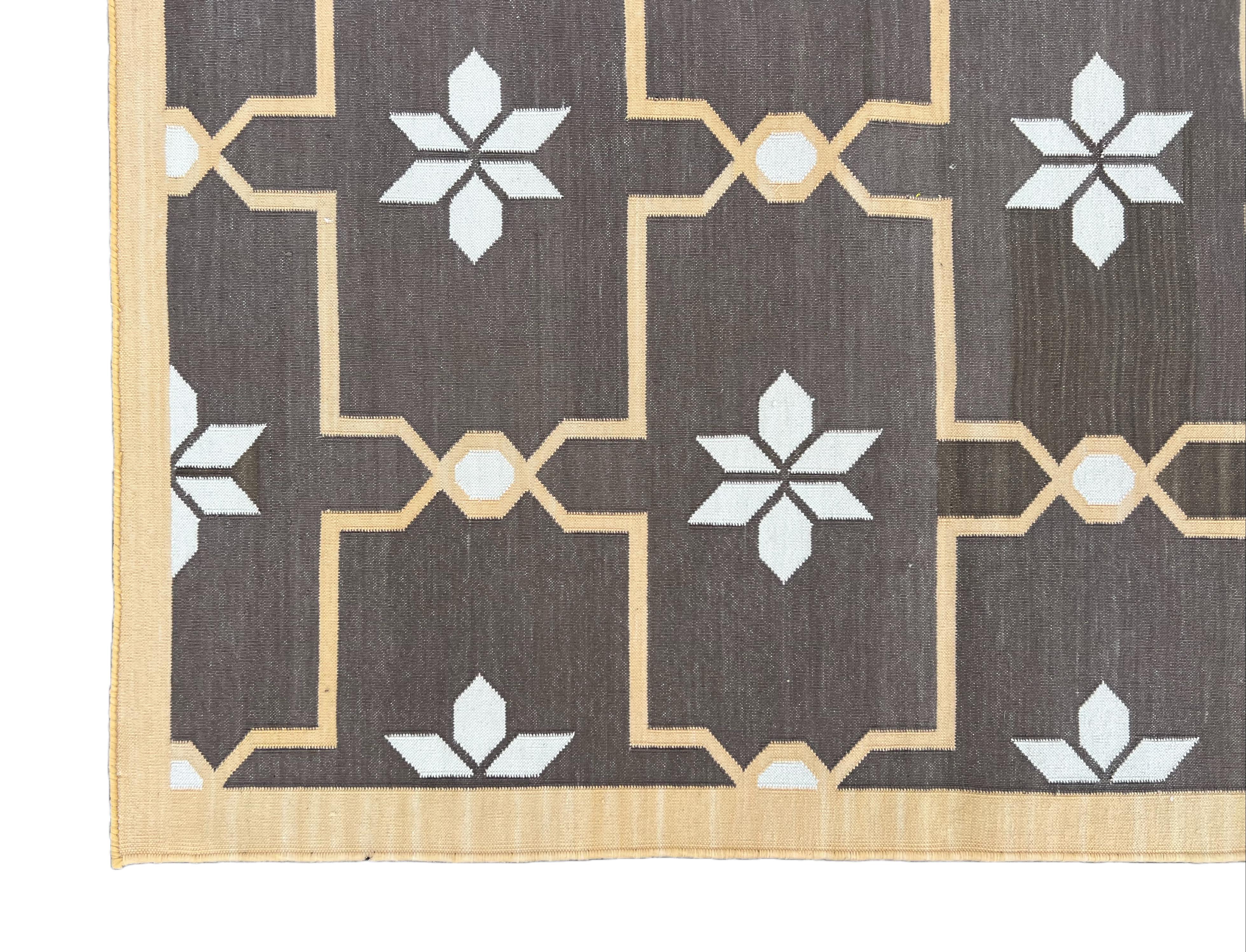 Handmade Cotton Area Flat Weave Rug, Brown And Cream Flower Pattern Dhurrie Rug For Sale 1