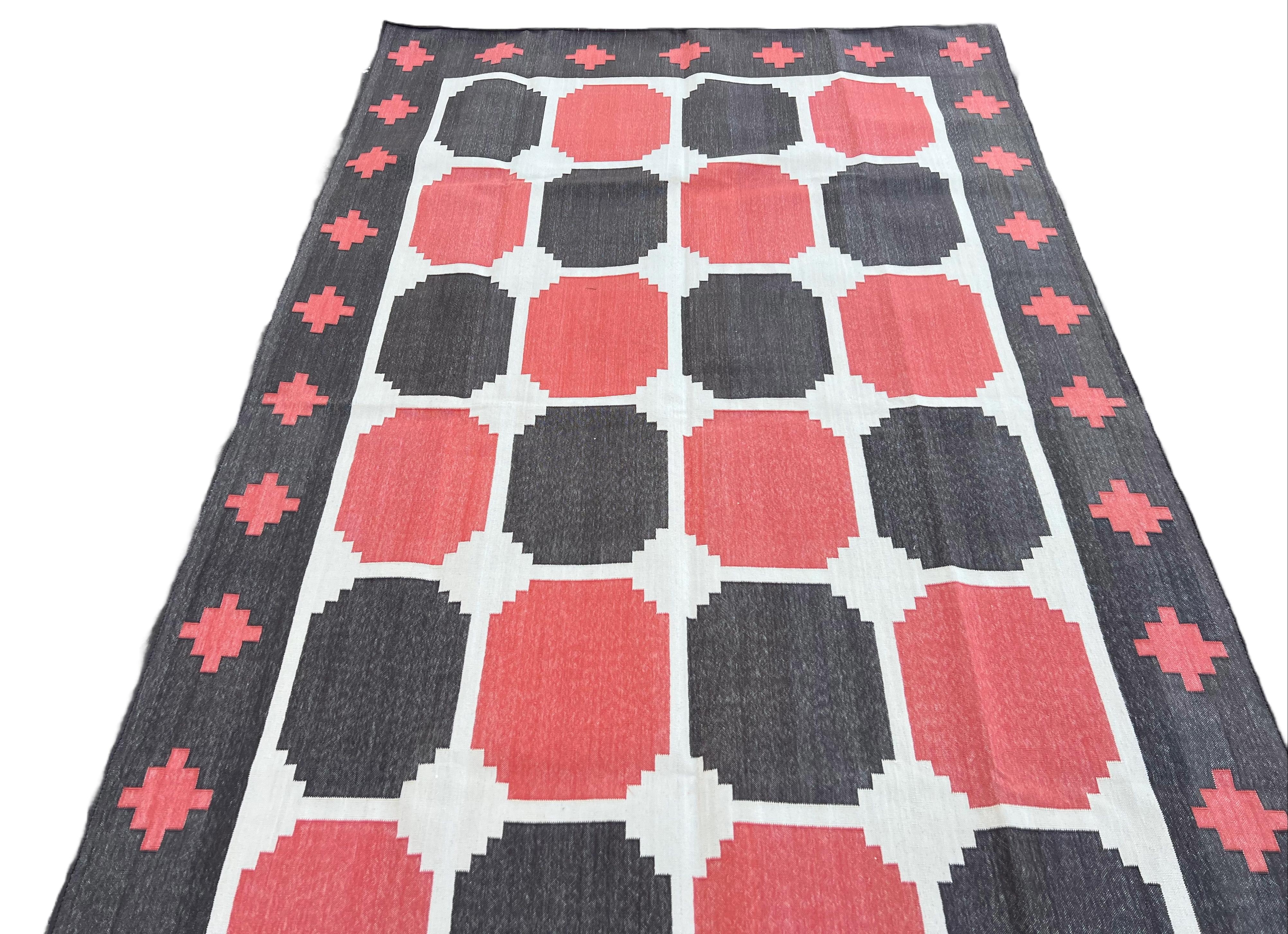 Handmade Cotton Area Flat Weave Rug, Brown And Red Geometric Tile Indian Dhurrie For Sale 4