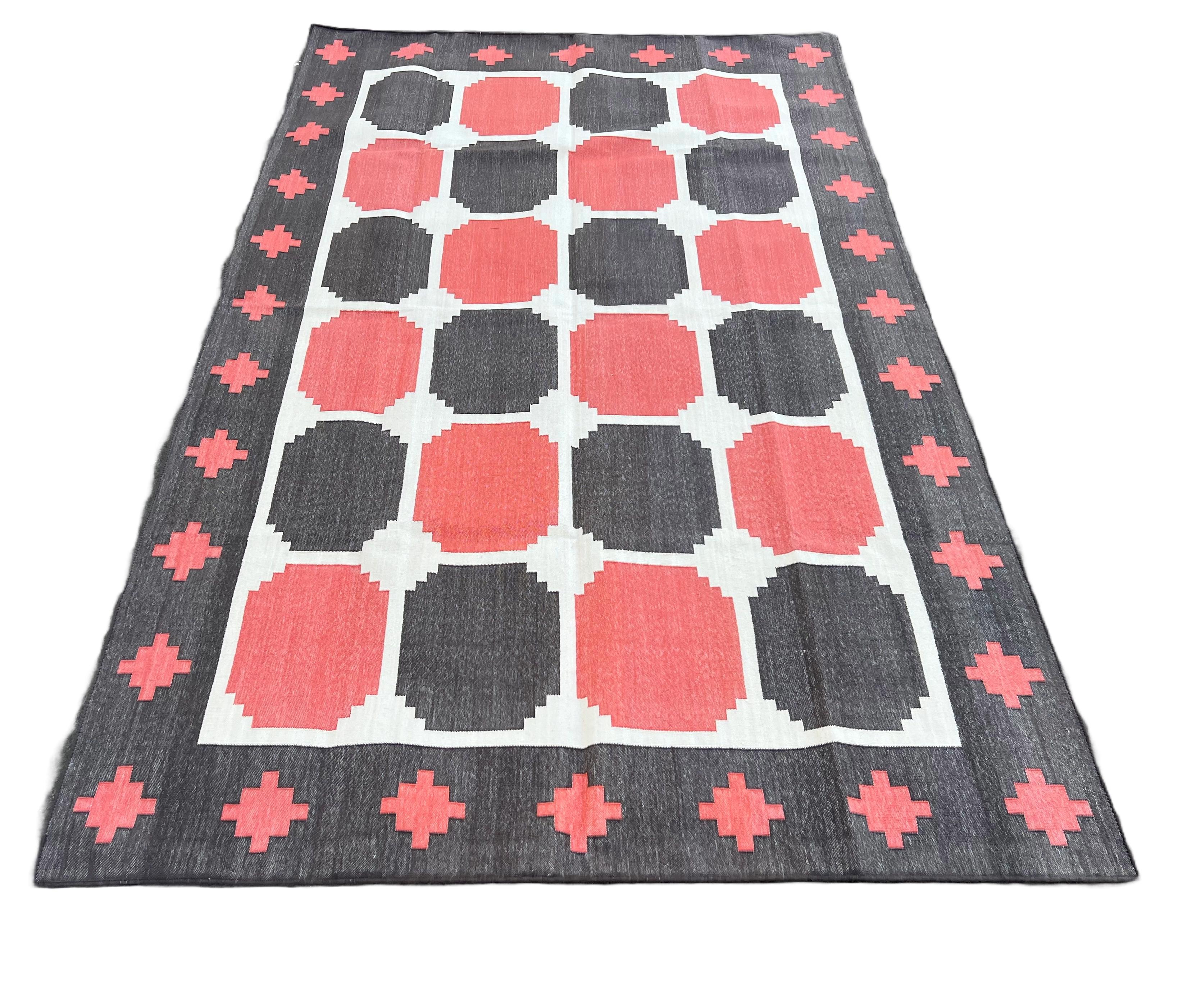 Handmade Cotton Area Flat Weave Rug, Brown And Red Geometric Tile Indian Dhurrie For Sale 5