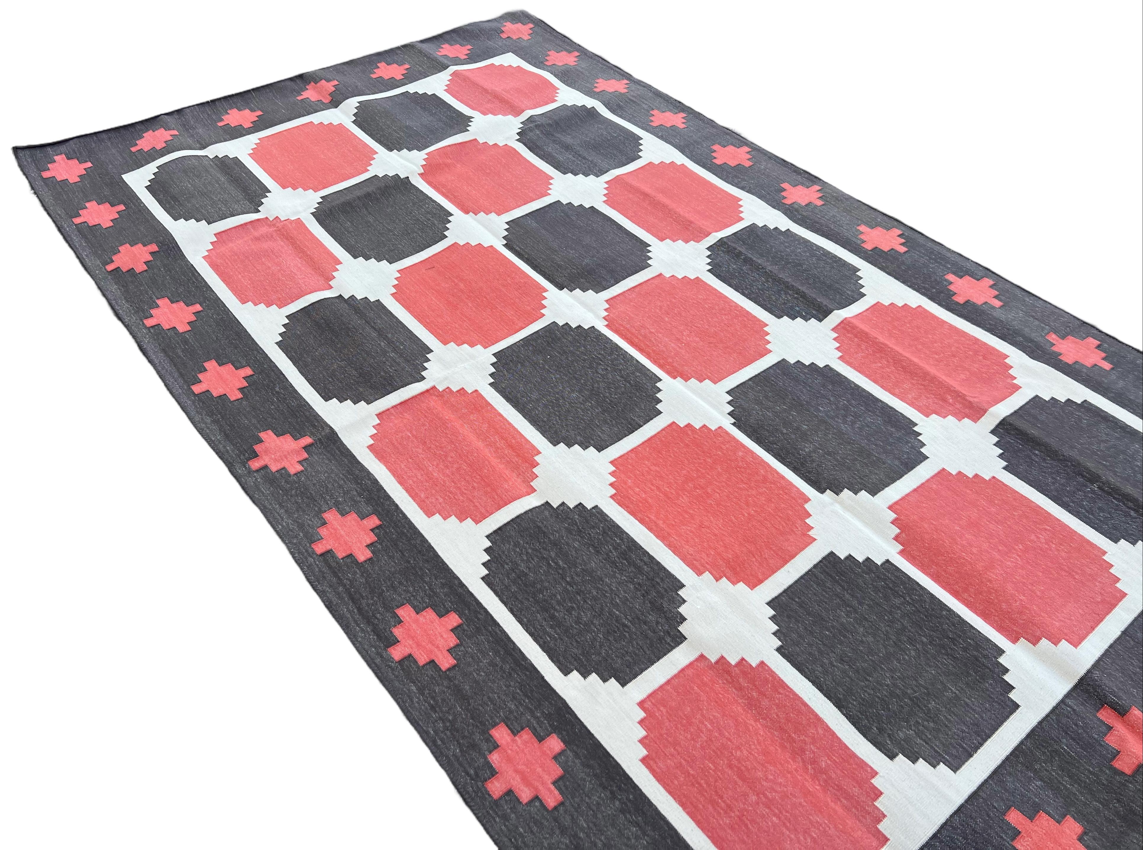 Cotton Vegetable Dyed Reversible Coffee Brown And Coral Red Geometric Patterned Tile Indian Rug - 5'x8'
These special flat-weave dhurries are hand-woven with 15 ply 100% cotton yarn. Due to the special manufacturing techniques used to create our