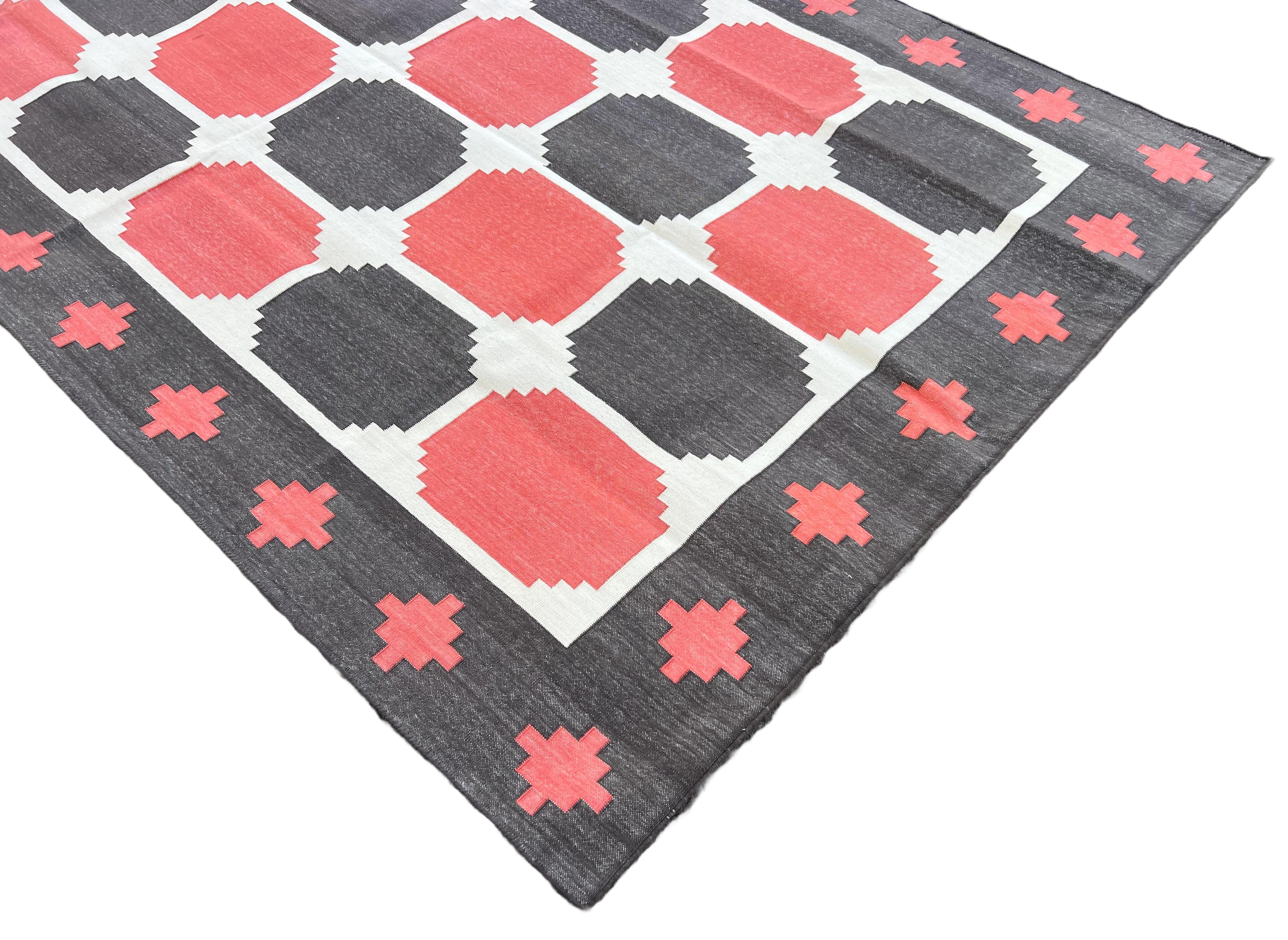 Mid-Century Modern Handmade Cotton Area Flat Weave Rug, Brown And Red Geometric Tile Indian Dhurrie For Sale