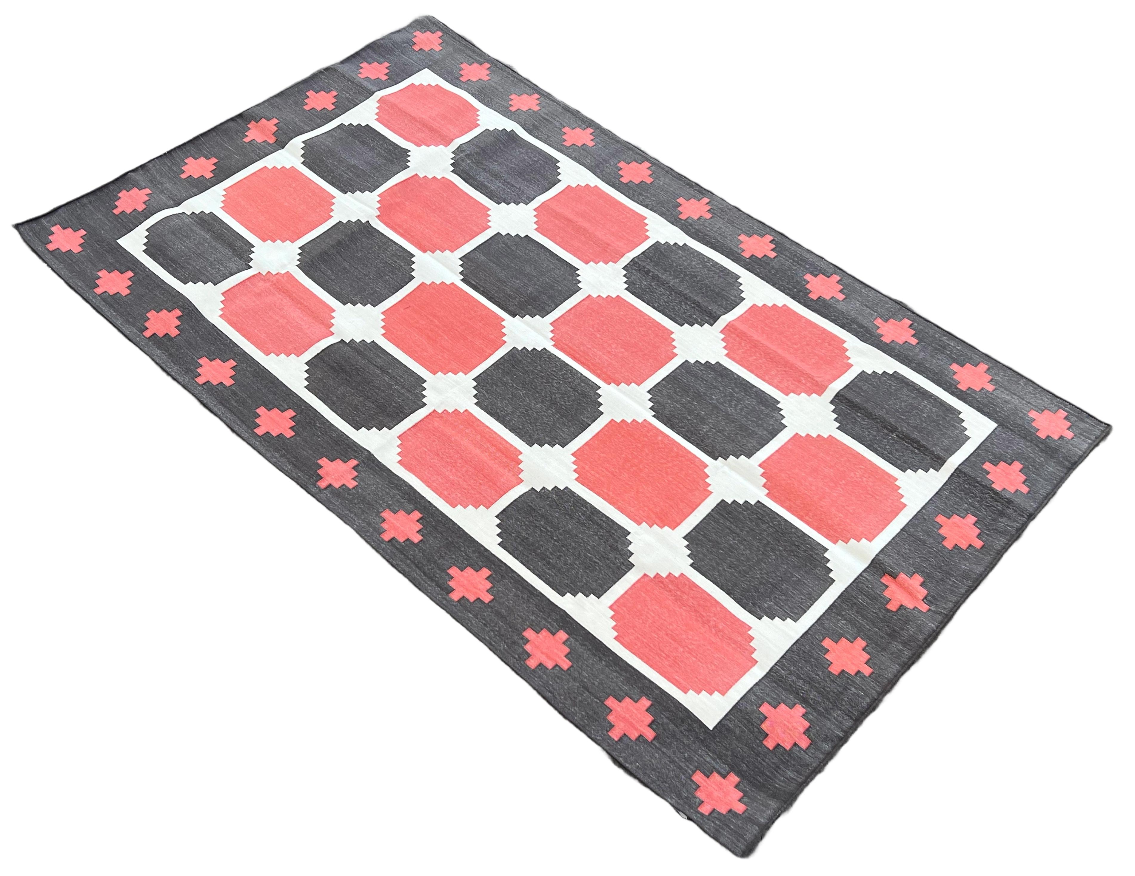 Contemporary Handmade Cotton Area Flat Weave Rug, Brown And Red Geometric Tile Indian Dhurrie For Sale