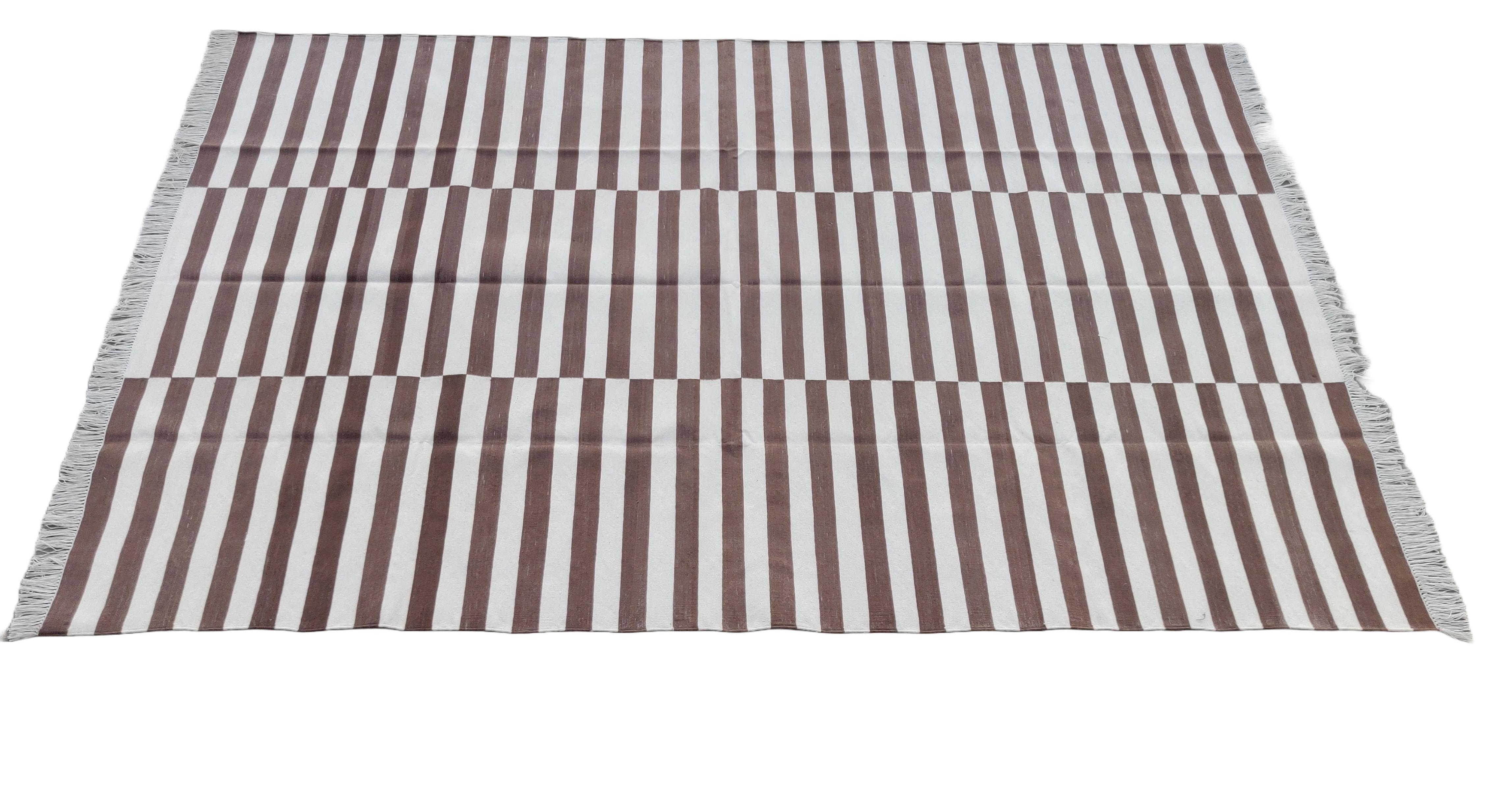 Handmade Cotton Area Flat Weave Rug, Brown And White Striped Indian Dhurrie Rug For Sale 4
