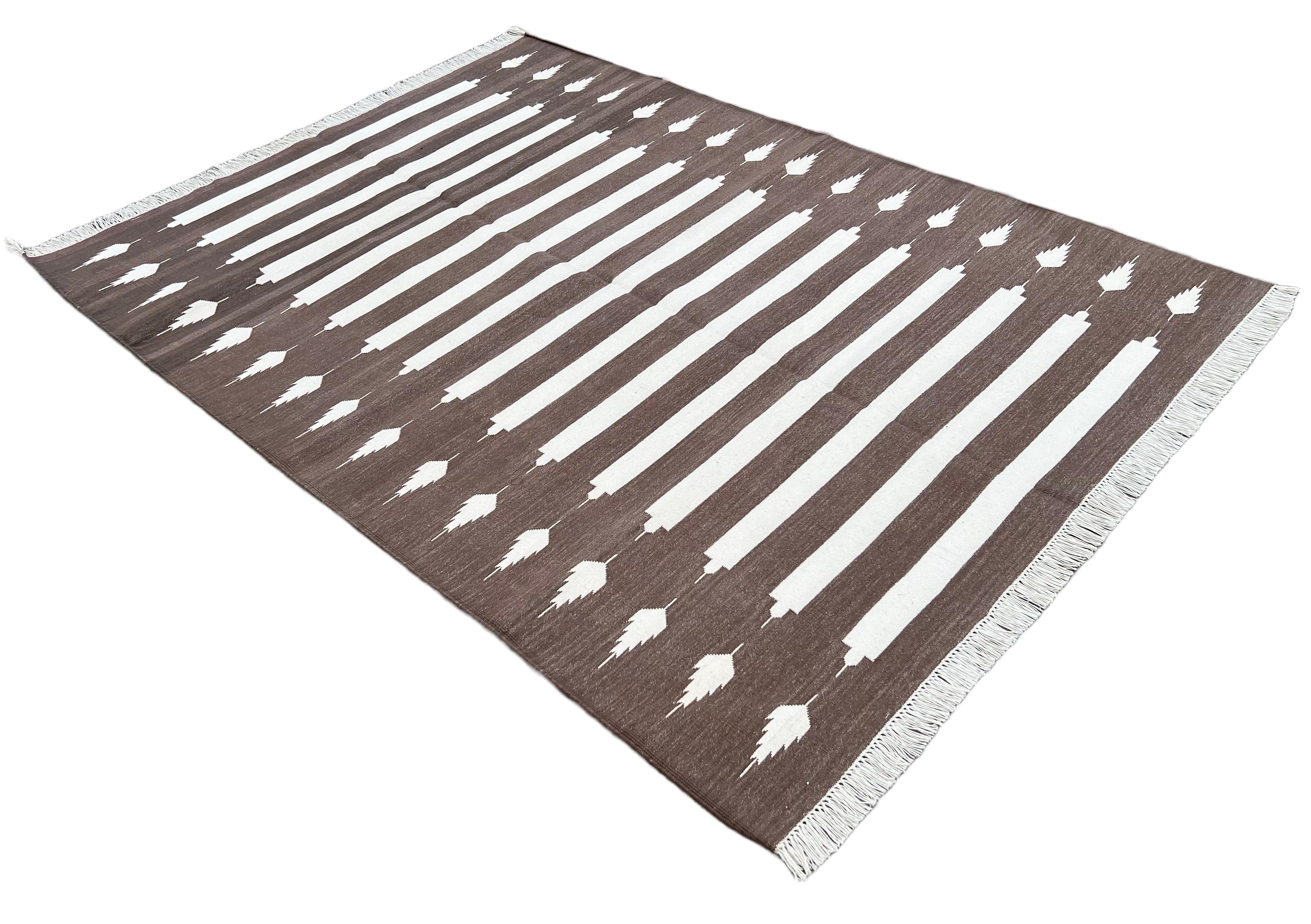 Handmade Cotton Area Flat Weave Rug, Brown And White Striped Indian Dhurrie Rug For Sale 5