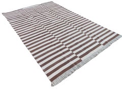 Handmade Cotton Area Flat Weave Rug, Brown And White Striped Indian Dhurrie Rug