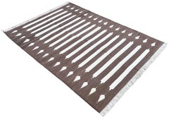 Handmade Cotton Area Flat Weave Rug, Brown And White Striped Indian Dhurrie Rug