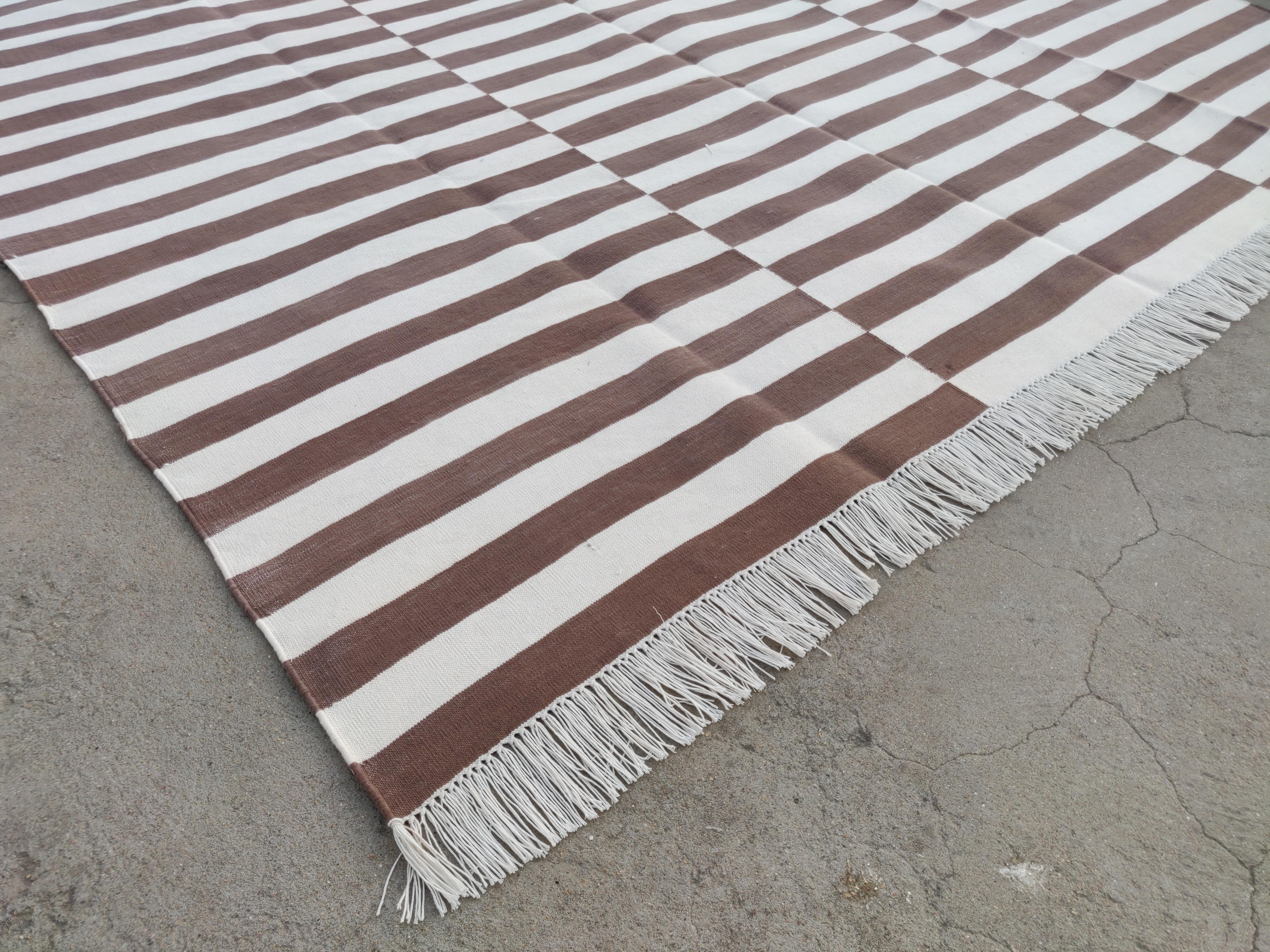 Mid-Century Modern Handmade Cotton Area Flat Weave Rug, Brown And White Striped Indian Dhurrie Rug For Sale
