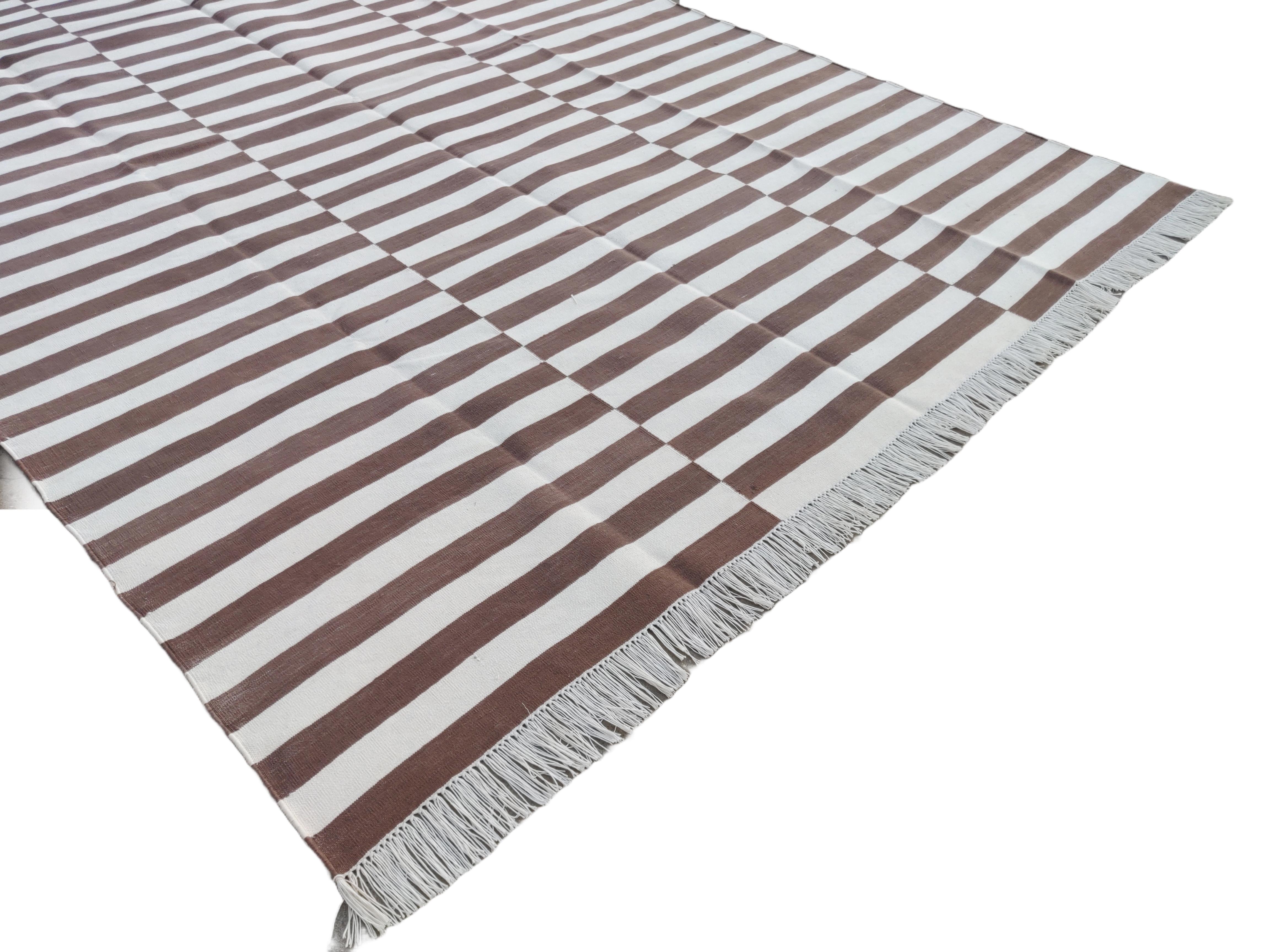Hand-Woven Handmade Cotton Area Flat Weave Rug, Brown And White Striped Indian Dhurrie Rug For Sale