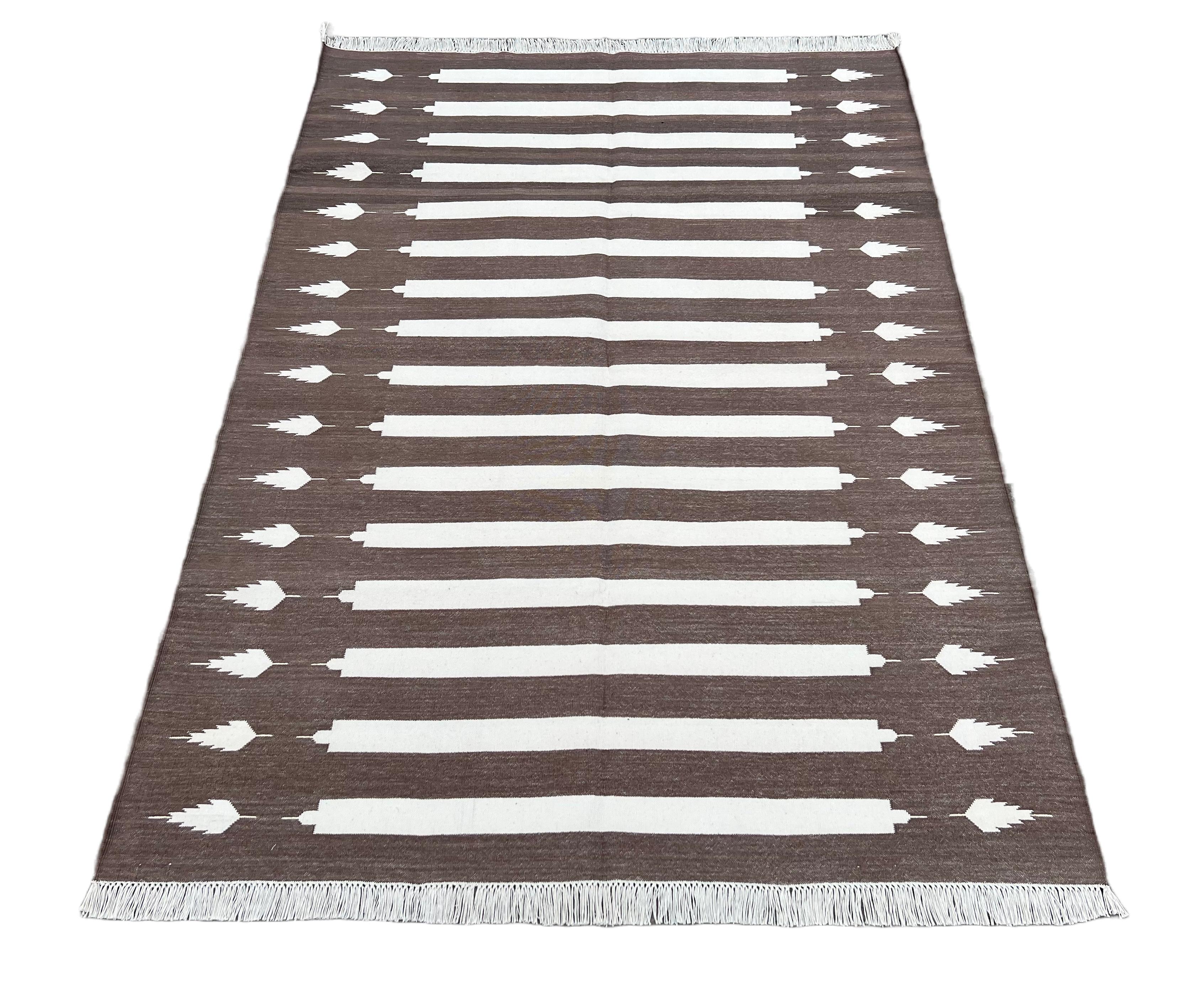 Hand-Woven Handmade Cotton Area Flat Weave Rug, Brown And White Striped Indian Dhurrie Rug For Sale