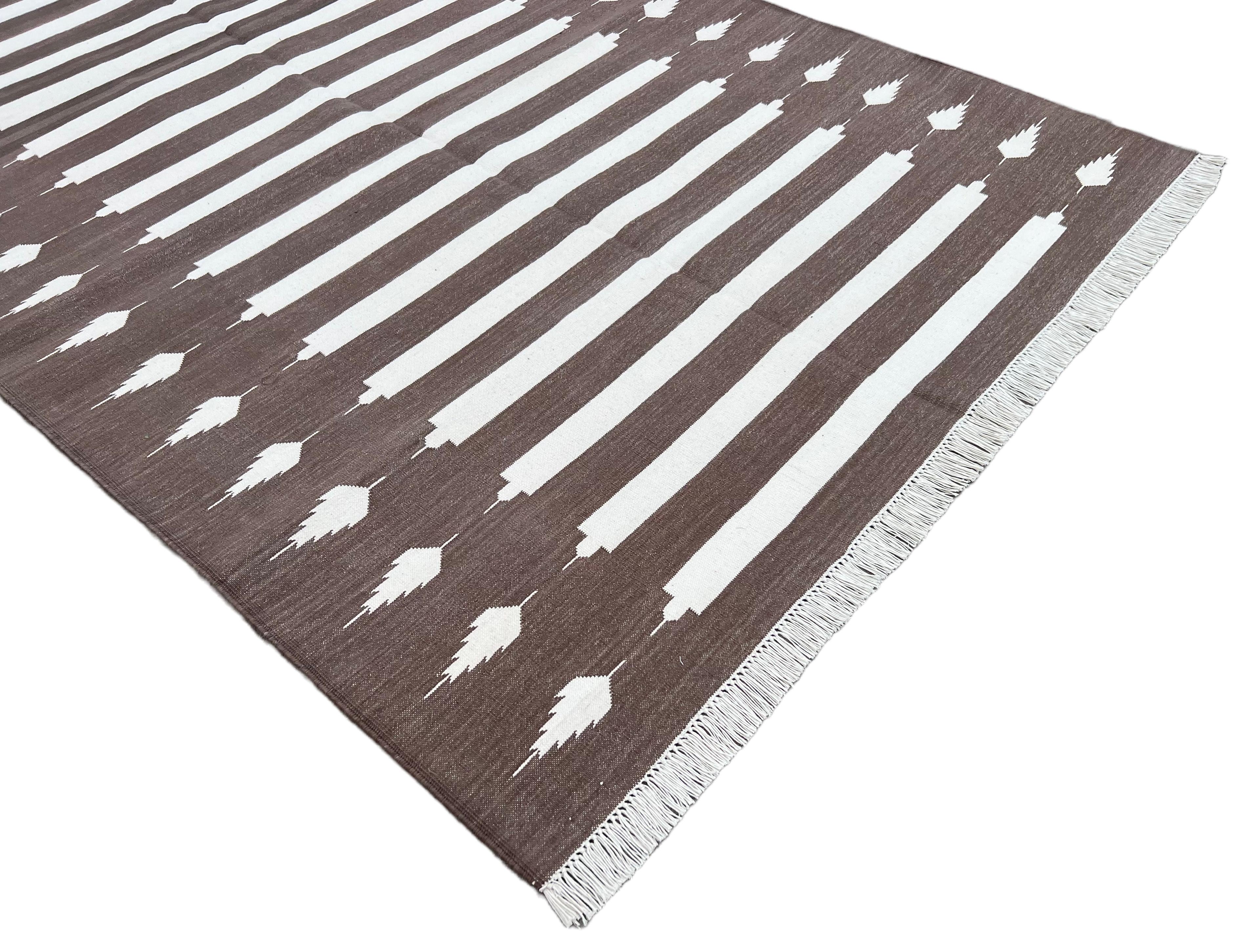 Contemporary Handmade Cotton Area Flat Weave Rug, Brown And White Striped Indian Dhurrie Rug For Sale