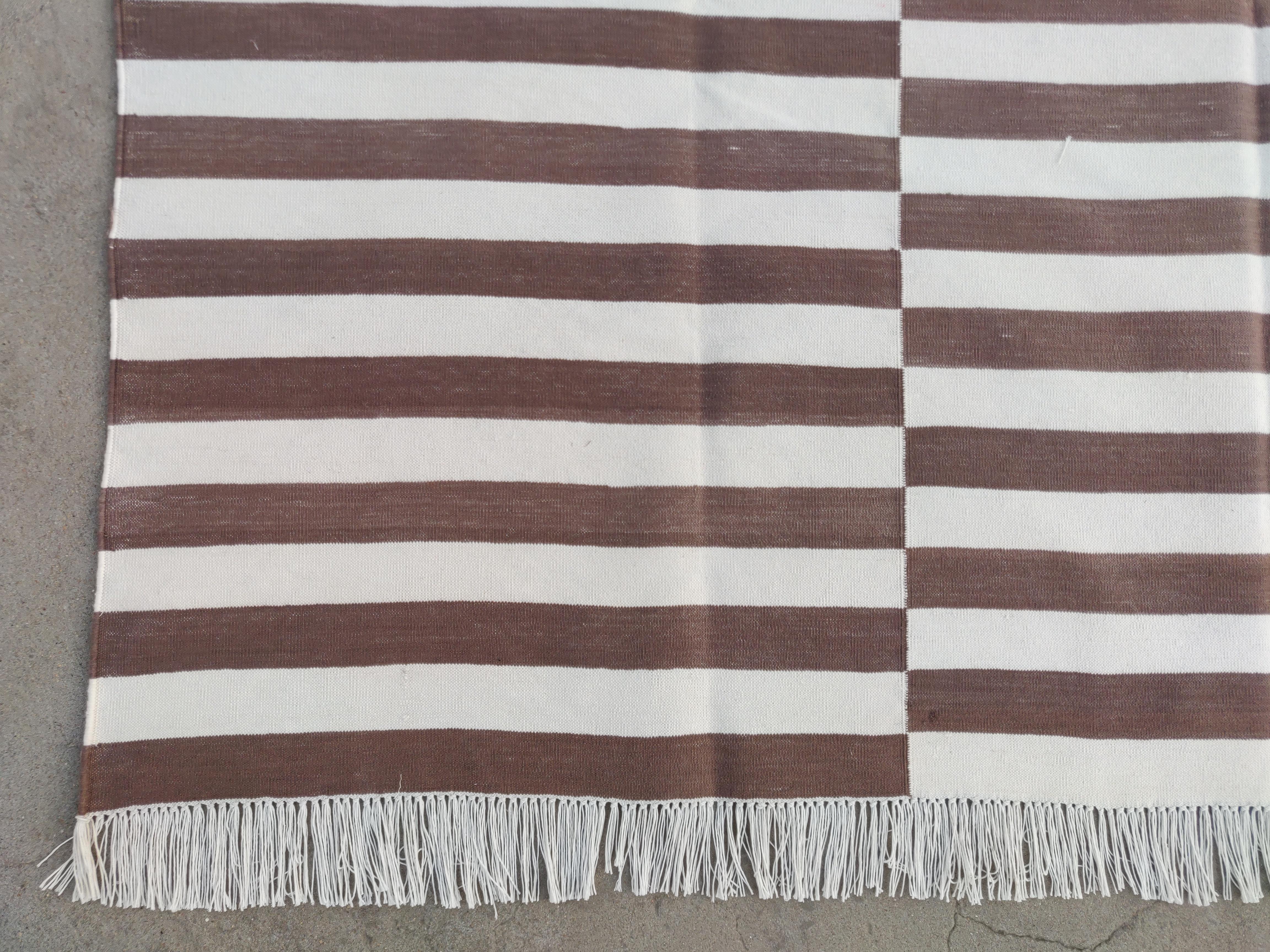 Handmade Cotton Area Flat Weave Rug, Brown And White Striped Indian Dhurrie Rug For Sale 1