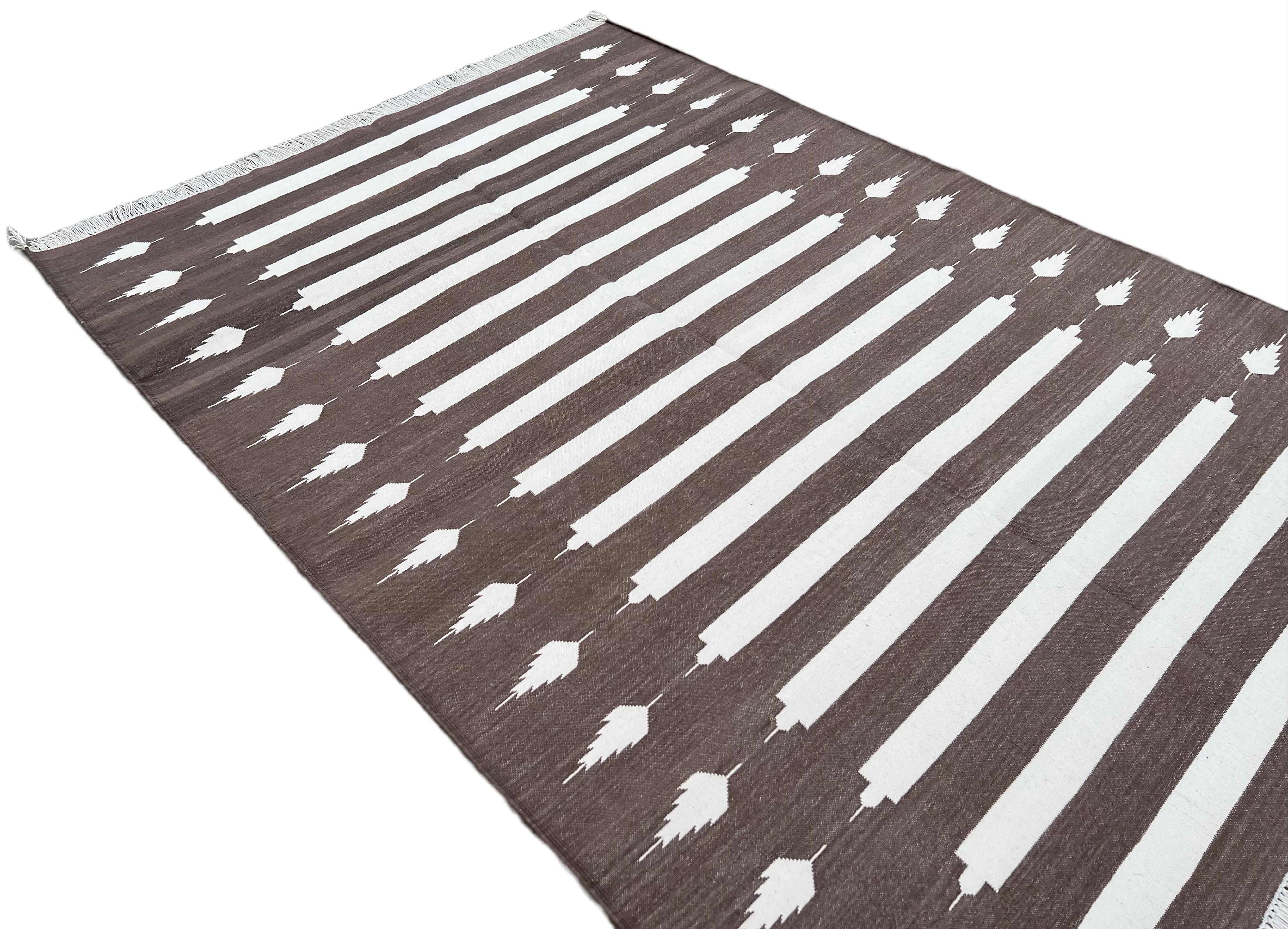 Handmade Cotton Area Flat Weave Rug, Brown And White Striped Indian Dhurrie Rug For Sale 1