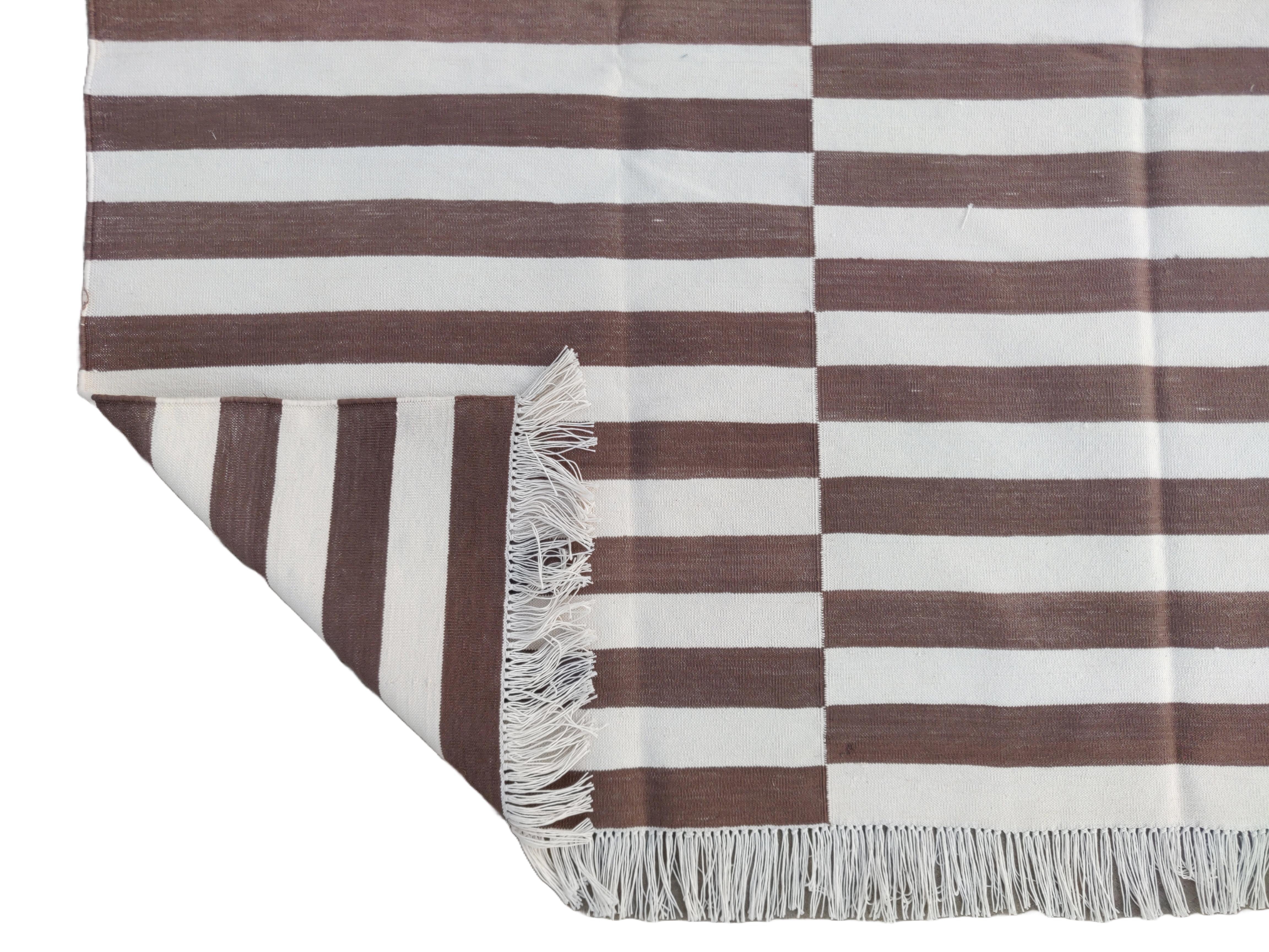 Handmade Cotton Area Flat Weave Rug, Brown And White Striped Indian Dhurrie Rug For Sale 2