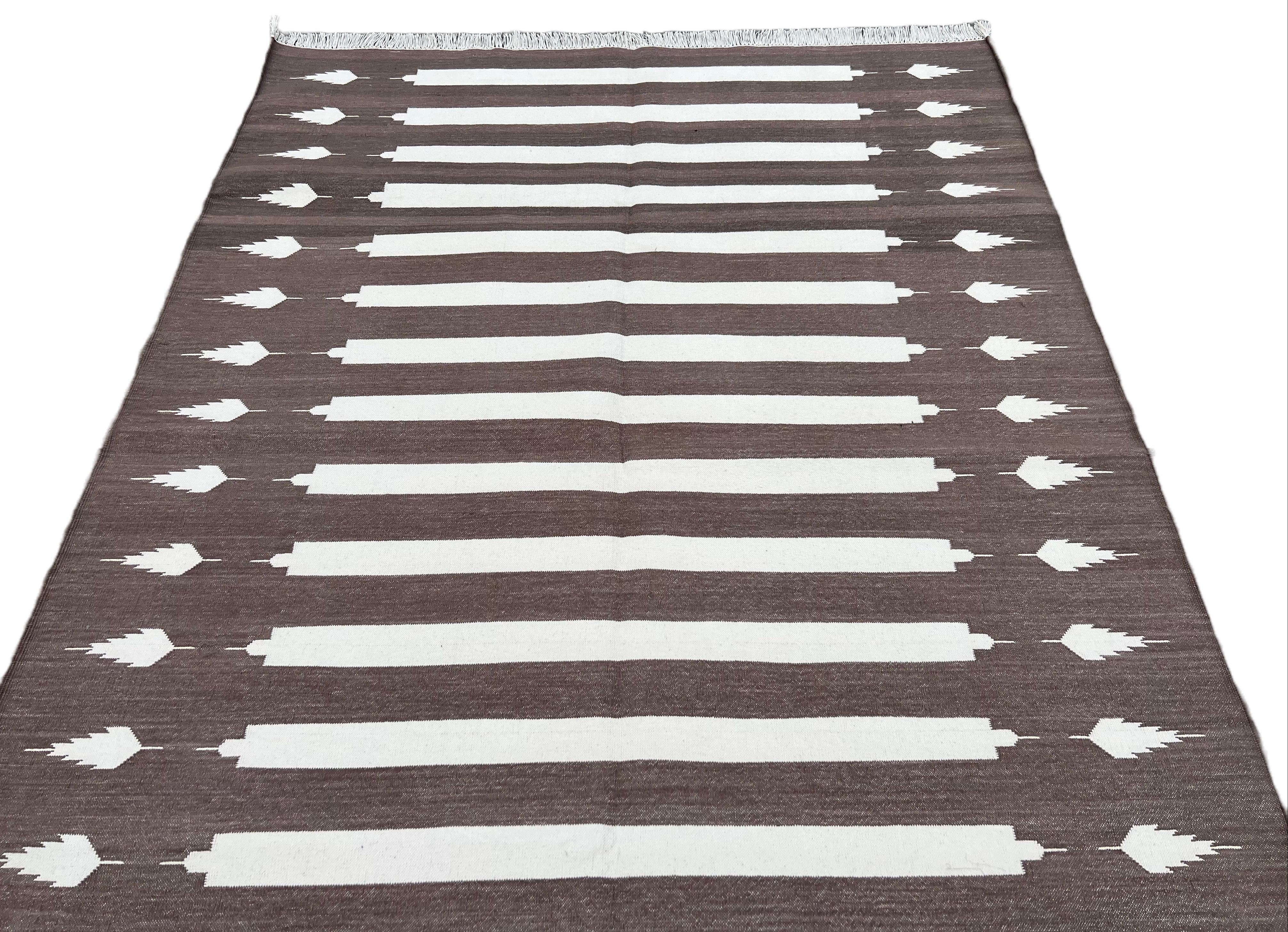 Handmade Cotton Area Flat Weave Rug, Brown And White Striped Indian Dhurrie Rug For Sale 2