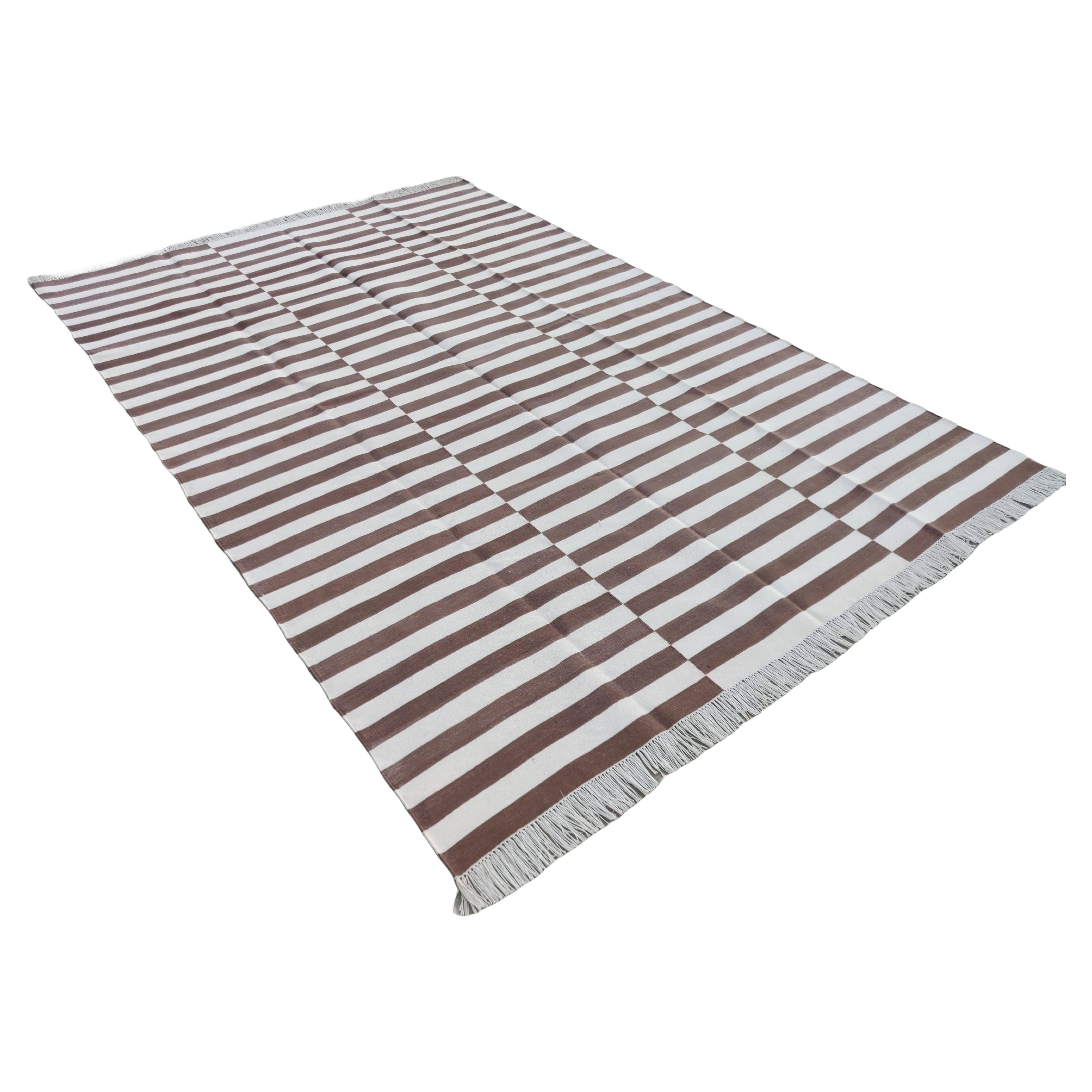 Handmade Cotton Area Flat Weave Rug, Brown And White Striped Indian Dhurrie Rug For Sale