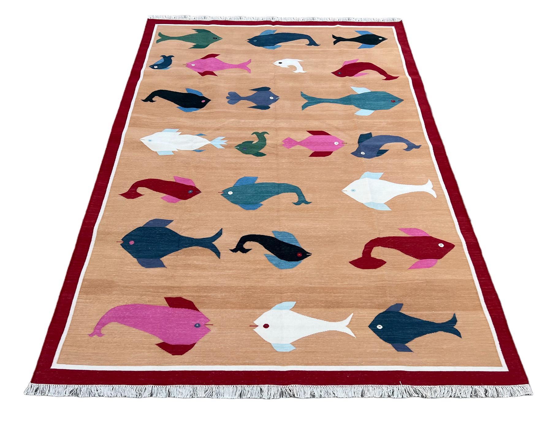 Handmade Cotton Area Flat Weave Rug, Tan, Red & Green Fish Pattern Dhurrie Rug For Sale 5