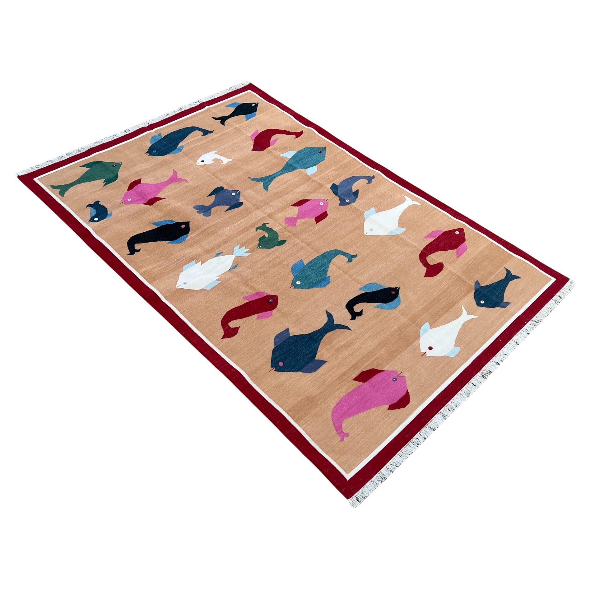 Handmade Cotton Area Flat Weave Rug, Tan, Red & Green Fish Pattern Dhurrie Rug For Sale