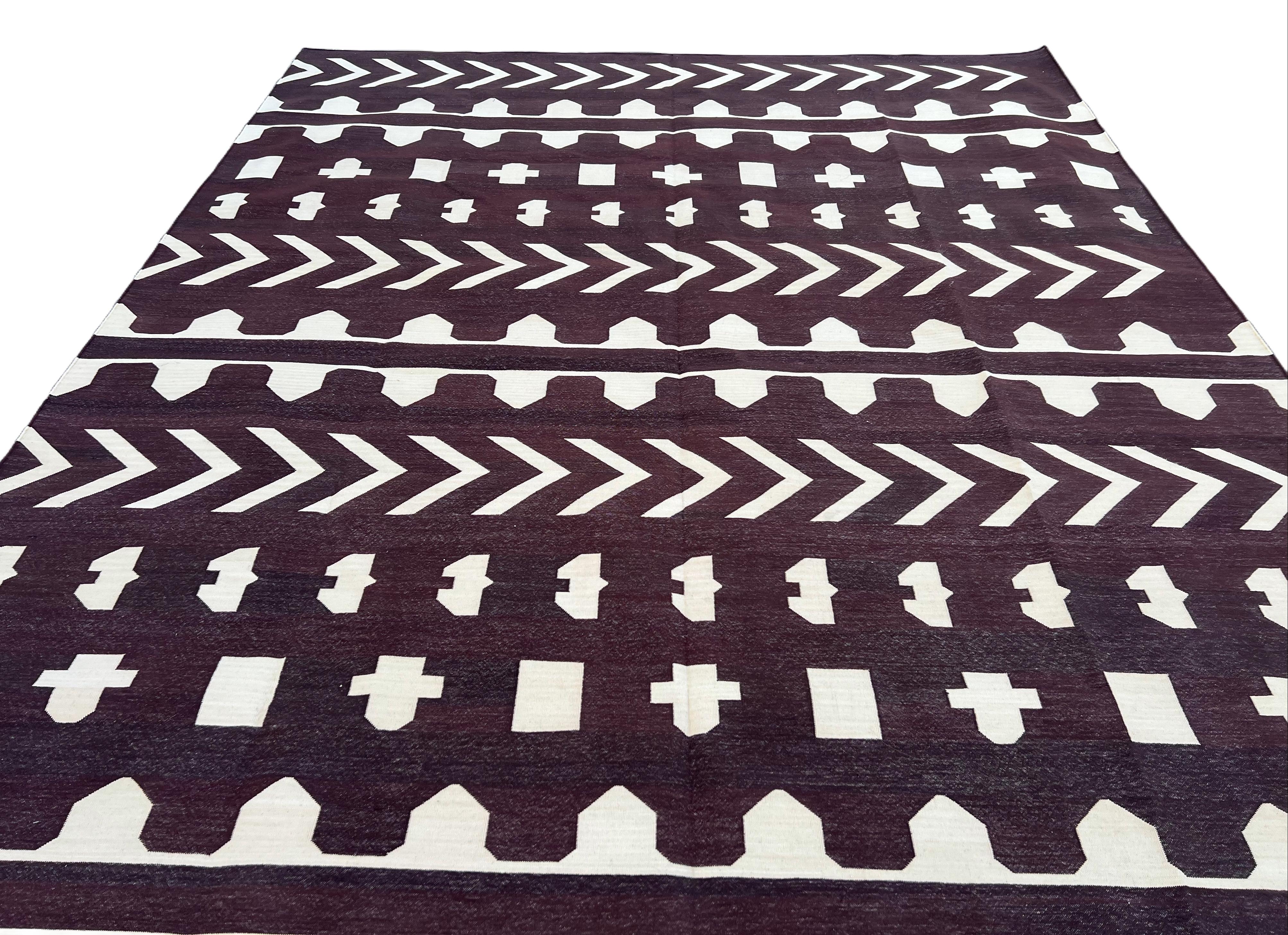 Mid-Century Modern Handmade Cotton Area Flat Weave Rug, Brown & Cream Geometric Tile Indian Dhurrie For Sale