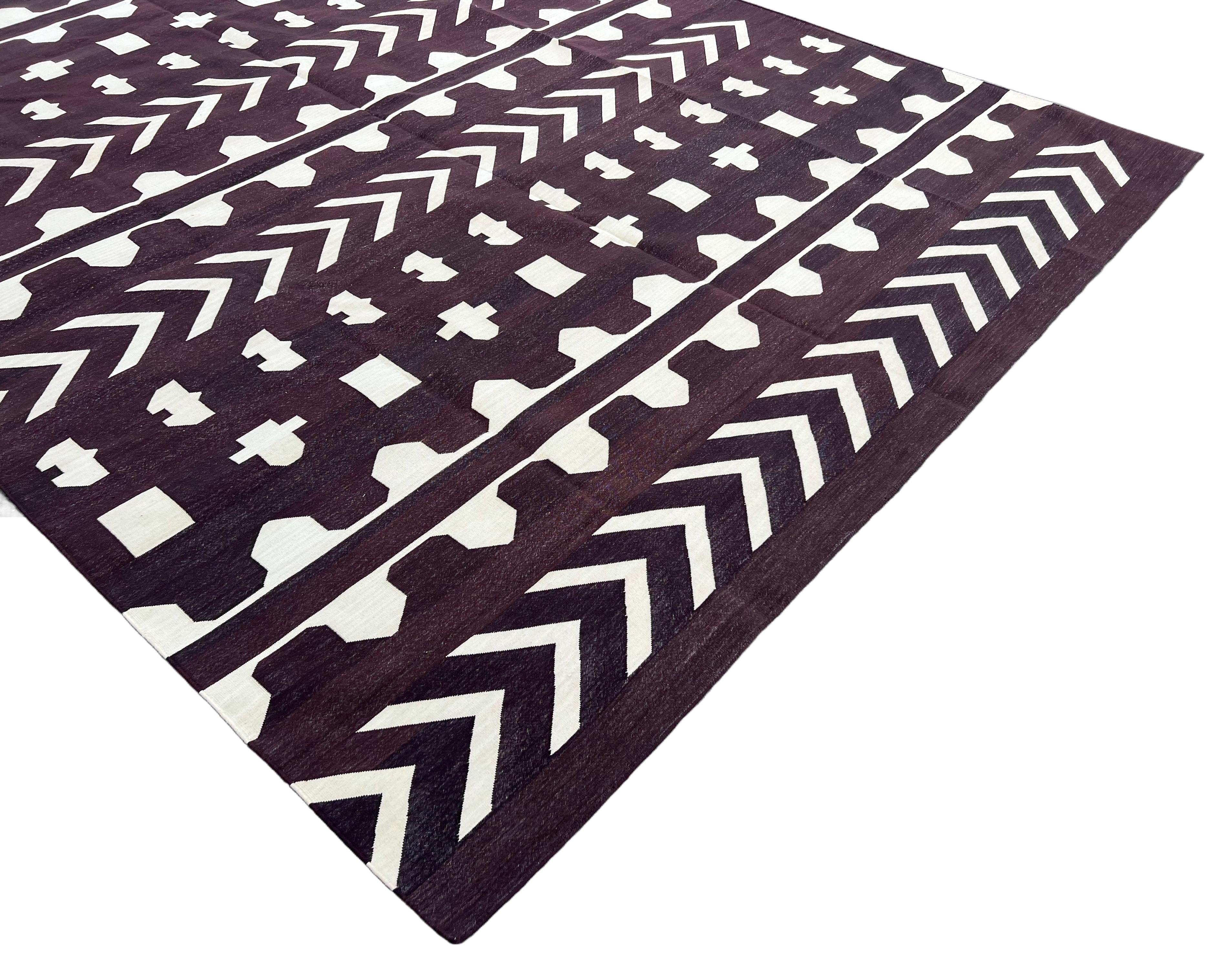Contemporary Handmade Cotton Area Flat Weave Rug, Brown & Cream Geometric Tile Indian Dhurrie For Sale