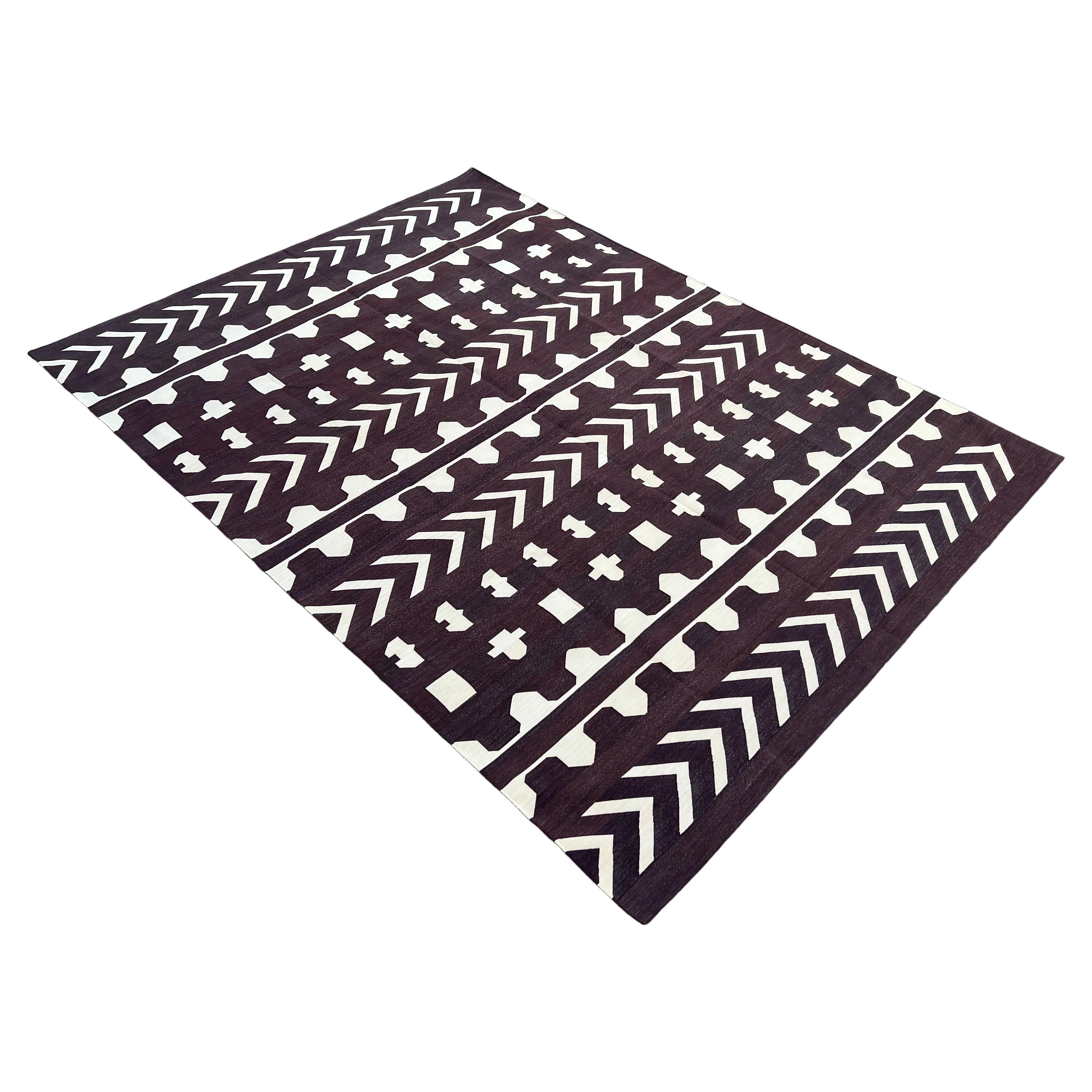 Handmade Cotton Area Flat Weave Rug, Brown & Cream Geometric Tile Indian Dhurrie For Sale
