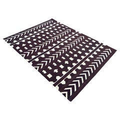 Handmade Cotton Area Flat Weave Rug, Brown & Cream Geometric Tile Indian Dhurrie