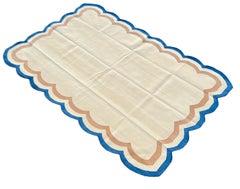 Handmade Cotton Area Flat Weave Rug, Cream And Blue Scalloped Indian Dhurrie Rug