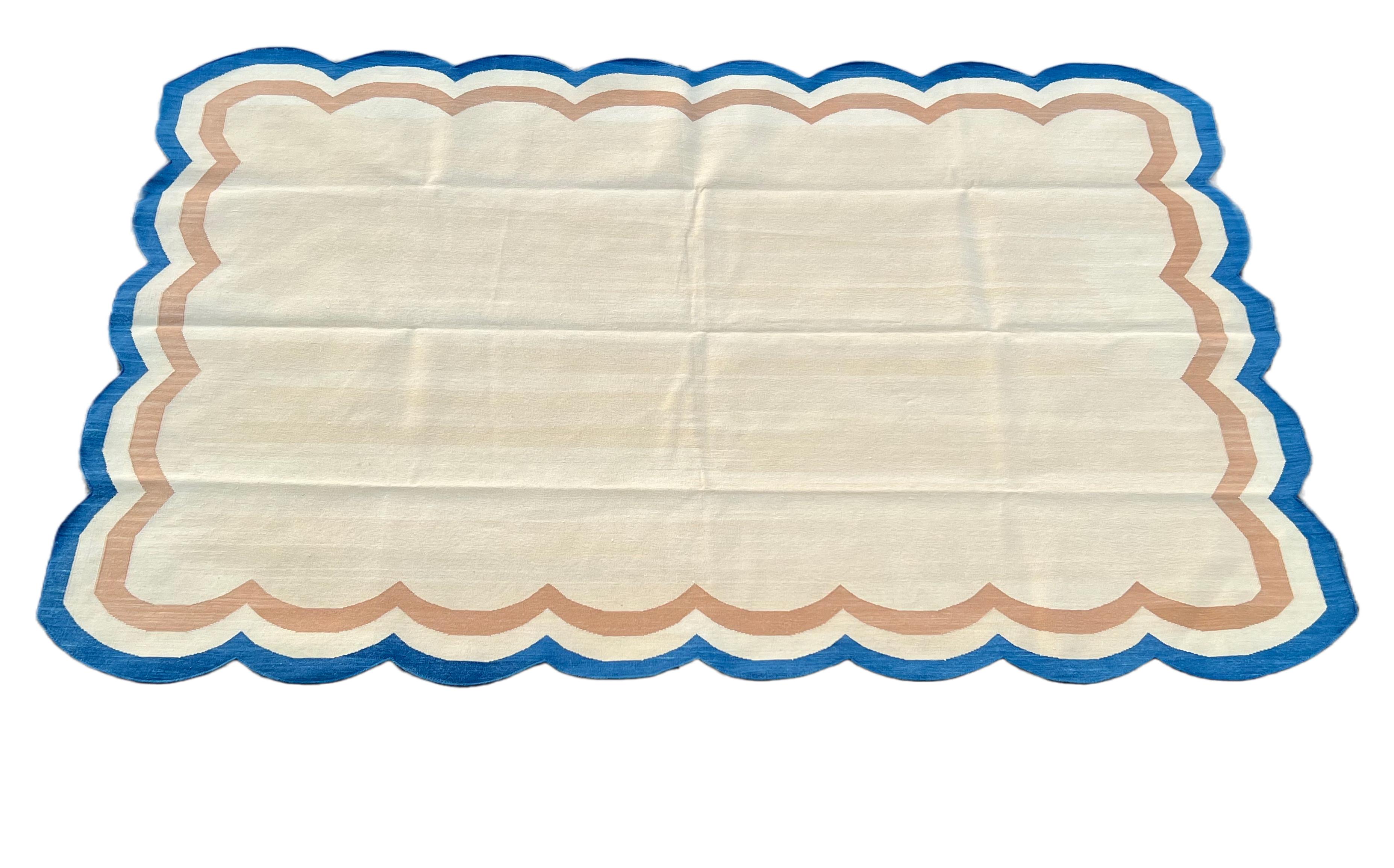 Mid-Century Modern Handmade Cotton Area Flat Weave Rug, Cream And Blue Scalloped Indian Dhurrie Rug For Sale