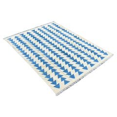 Handmade Cotton Area Flat Weave Rug, Cream & Blue Pyramid Checked Indian Dhurrie