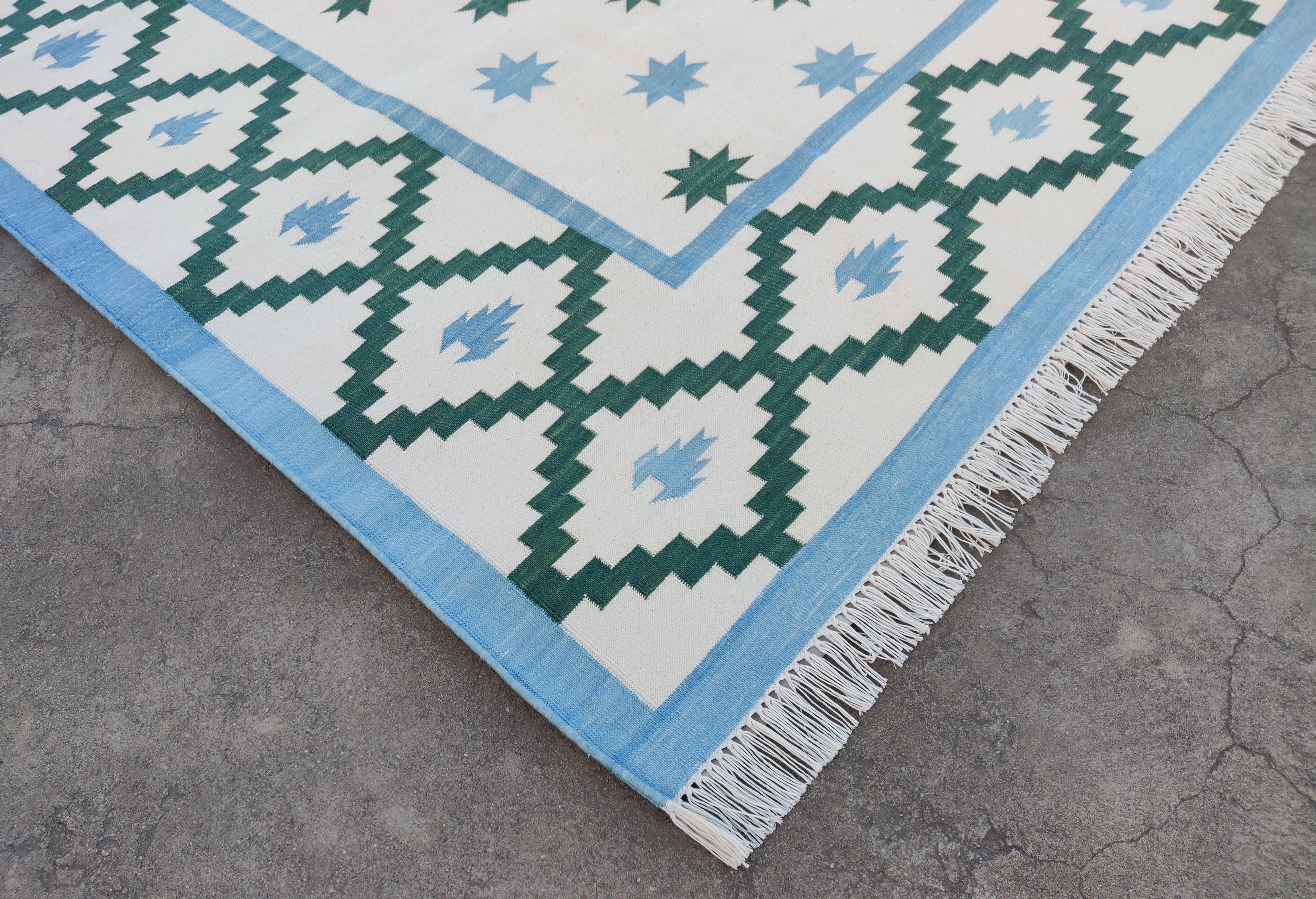 Cotton Natural Vegetable Dyed Cream, Forest Green & Blue Star Patterned Rug-8'x10'
These special flat-weave dhurries are hand-woven with 15 ply 100% cotton yarn. Due to the special manufacturing techniques used to create our rugs, the size and color