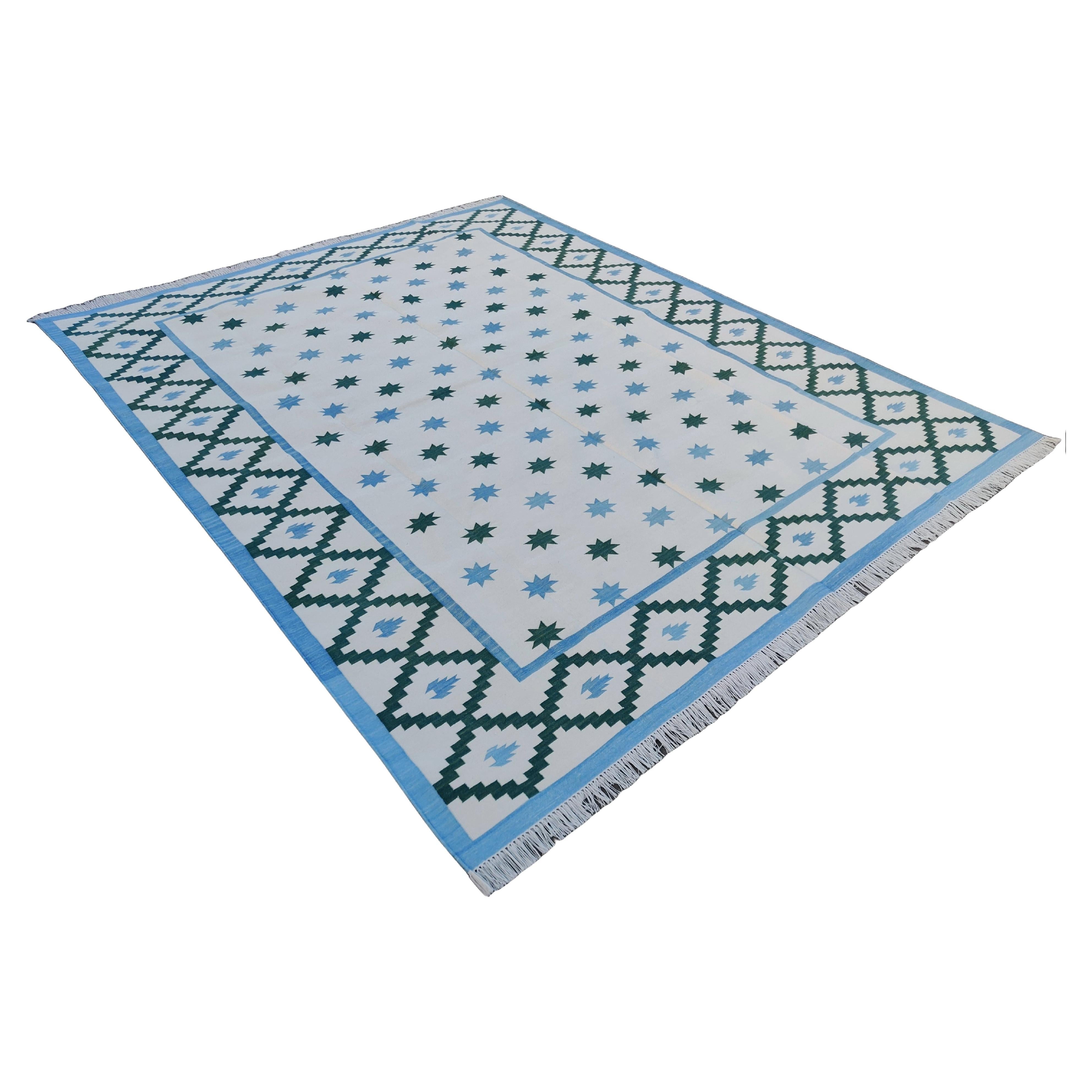 Handgefertigter Flachgewebe-Teppich aus Baumwolle, cremefarben und blau mit Sternmuster, indischer Dhurrie im Angebot