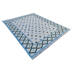 Handgefertigter Flachgewebe-Teppich aus Baumwolle, cremefarben und blau mit Sternmuster, indischer Dhurrie