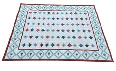 Handmade Cotton Area Flat Weave Rug, Cream & Green Indian Star Geometric Dhurrie