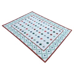 Handgefertigter Flachgewebe-Teppich aus Baumwolle, Creme & Grün Indischer Stern Geometrischer Dhurrie