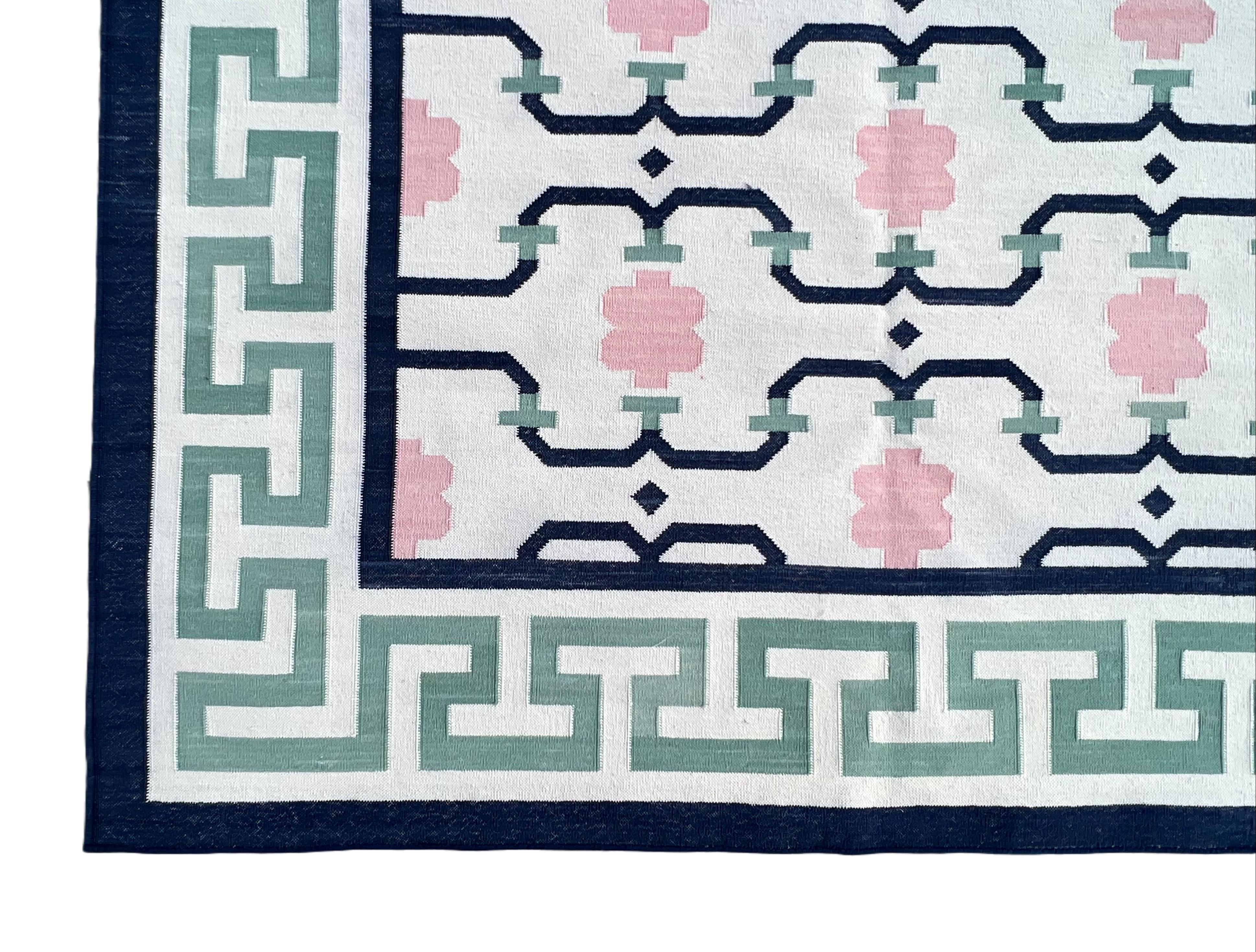 Handmade Cotton Area Flat Weave Rug, Cream, Green & Navy Blue Geometric Dhurrie For Sale 5