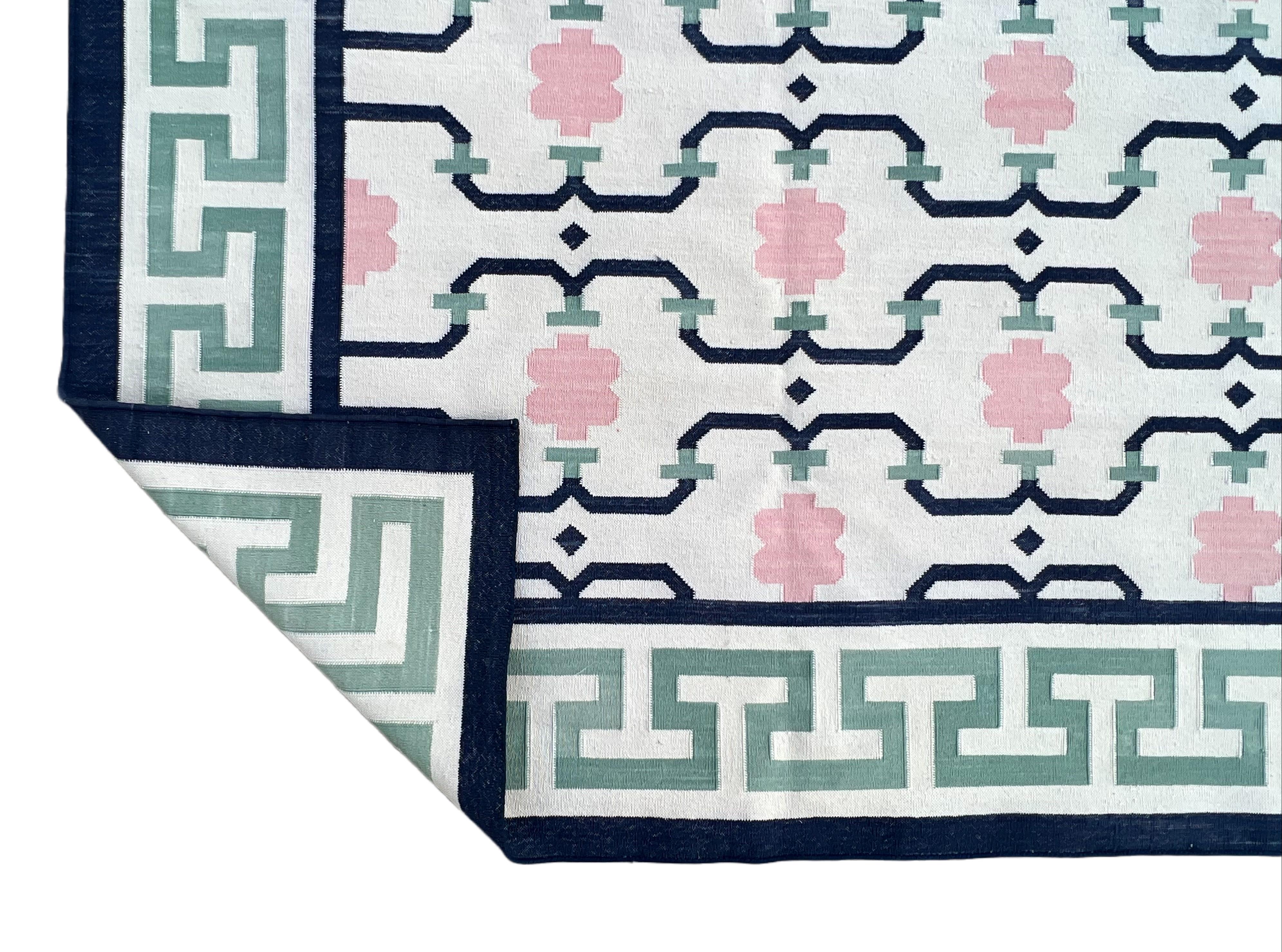 Handmade Cotton Area Flat Weave Rug, Cream, Green & Navy Blue Geometric Dhurrie For Sale 6
