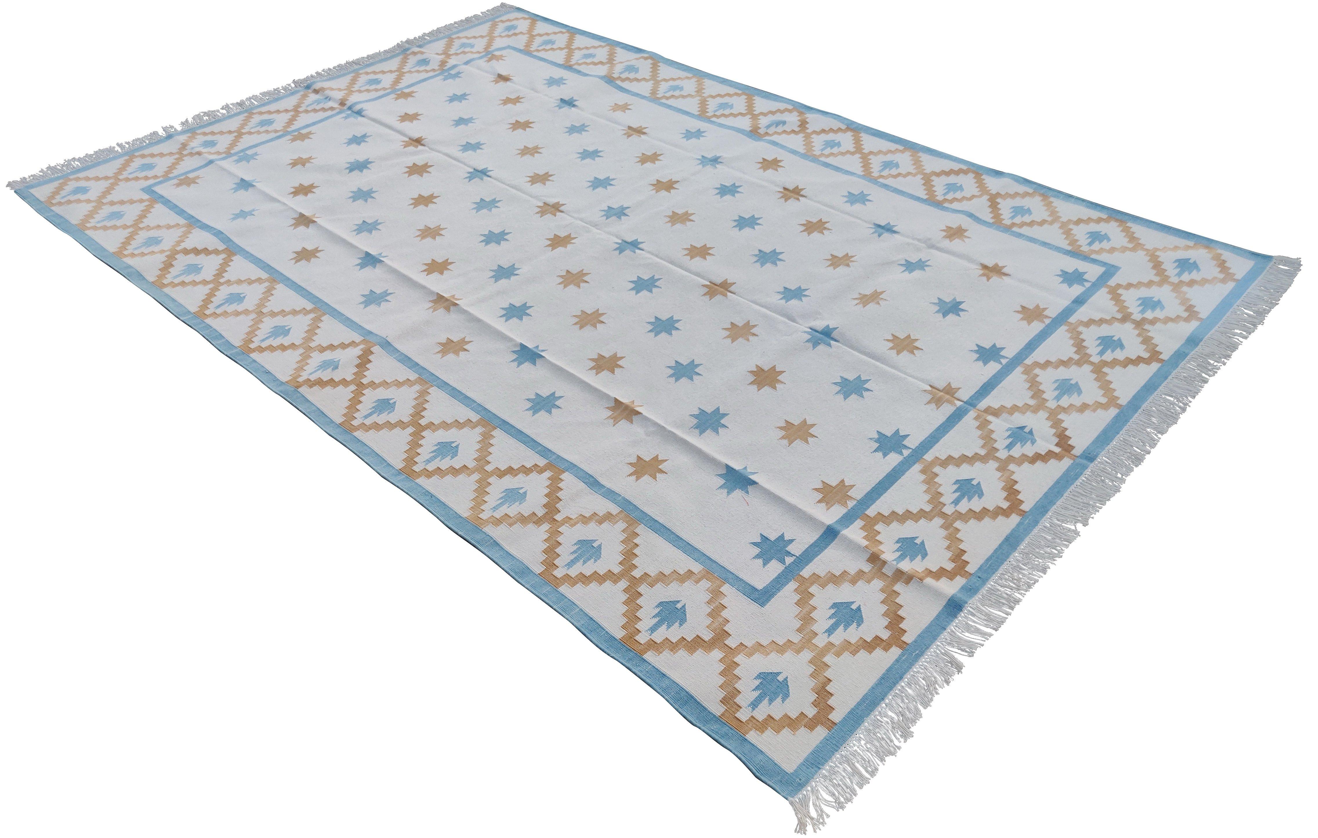 Handmade Cotton Area Flat Weave Rug, Cream, Tan, Blue Indian Star Indian Dhurrie For Sale 4