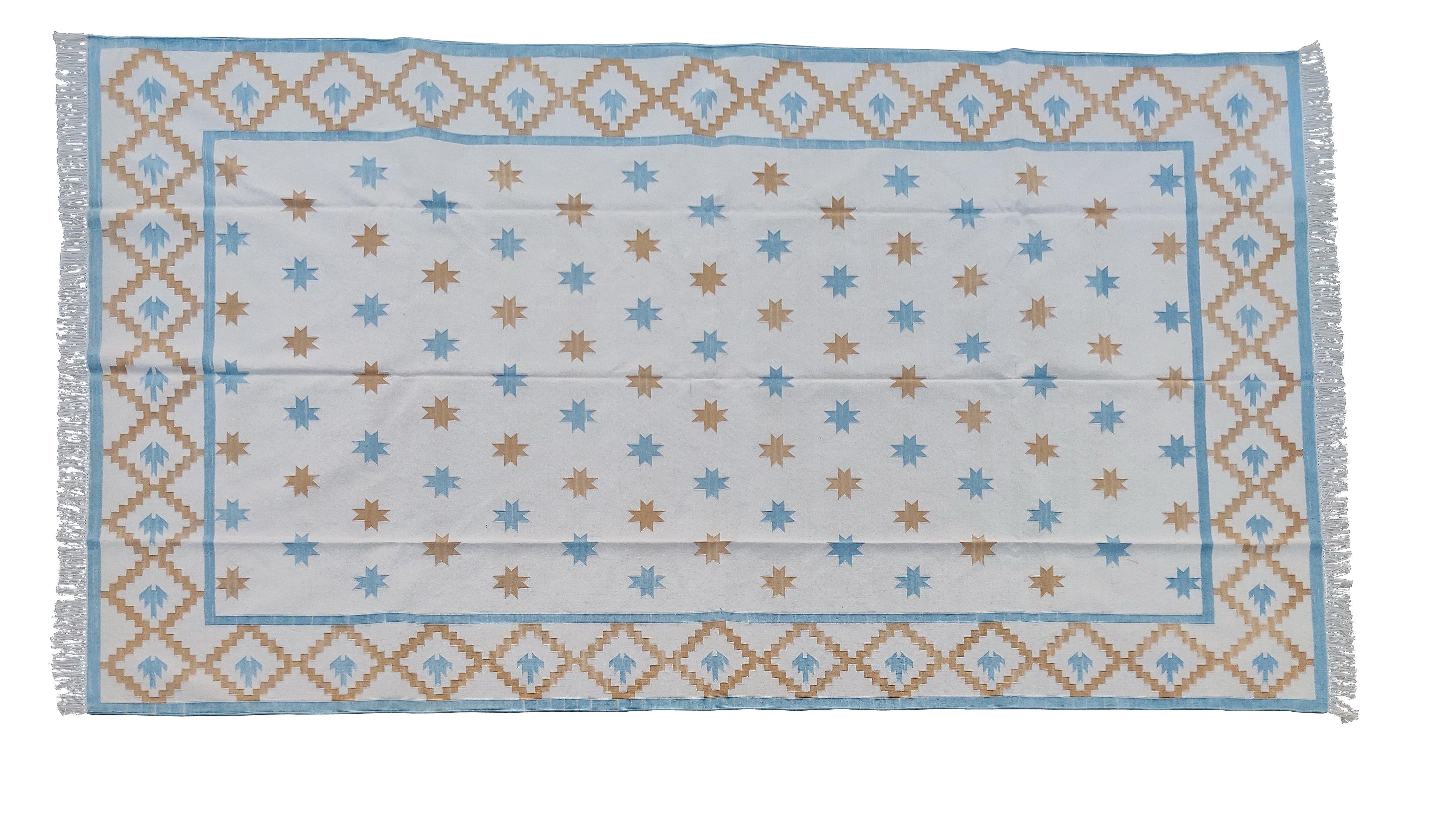 Handmade Cotton Area Flat Weave Rug, Cream, Tan, Blue Indian Star Indian Dhurrie For Sale 5