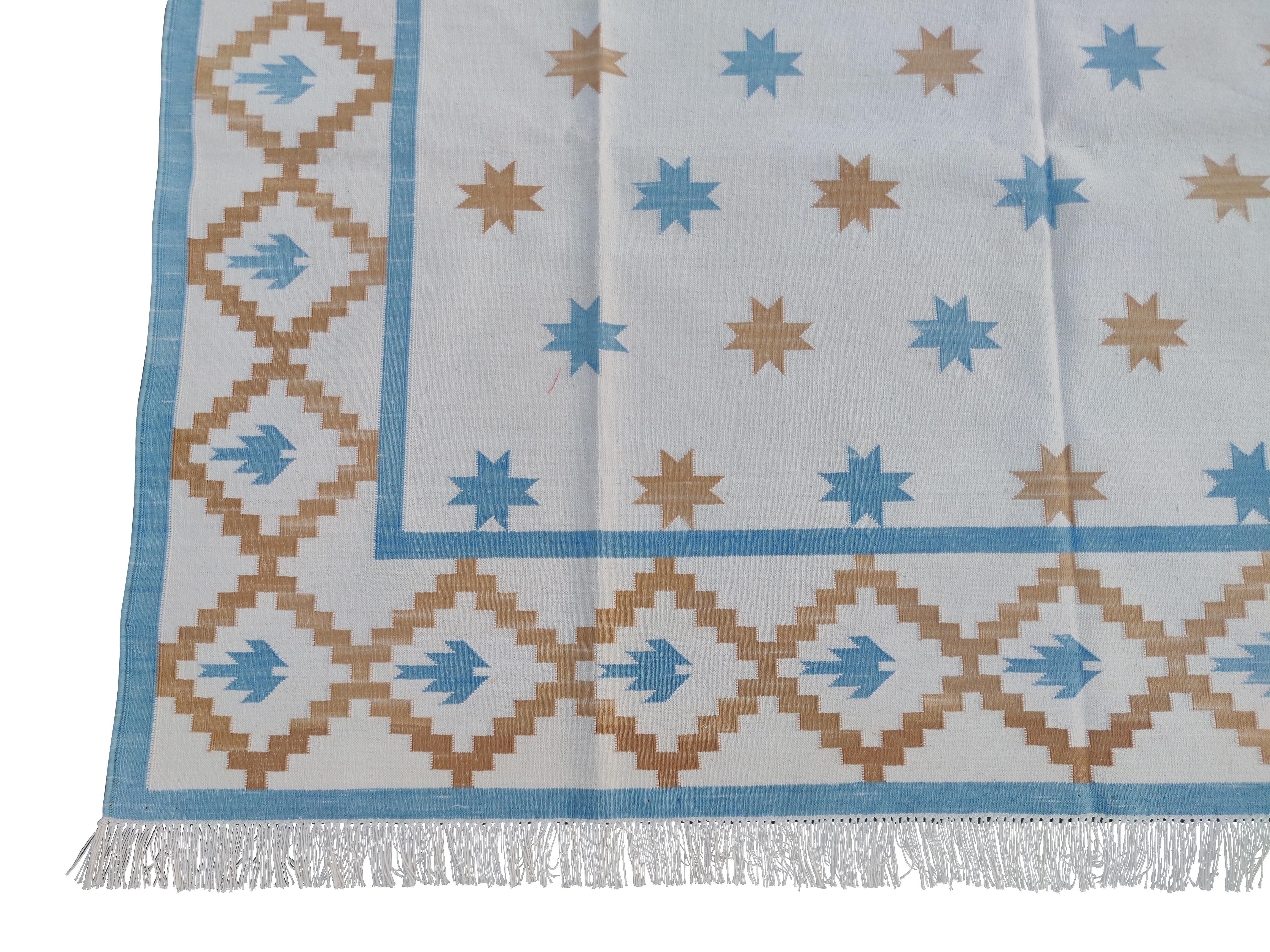 Handmade Cotton Area Flat Weave Rug, Cream, Tan, Blue Indian Star Indian Dhurrie For Sale 1