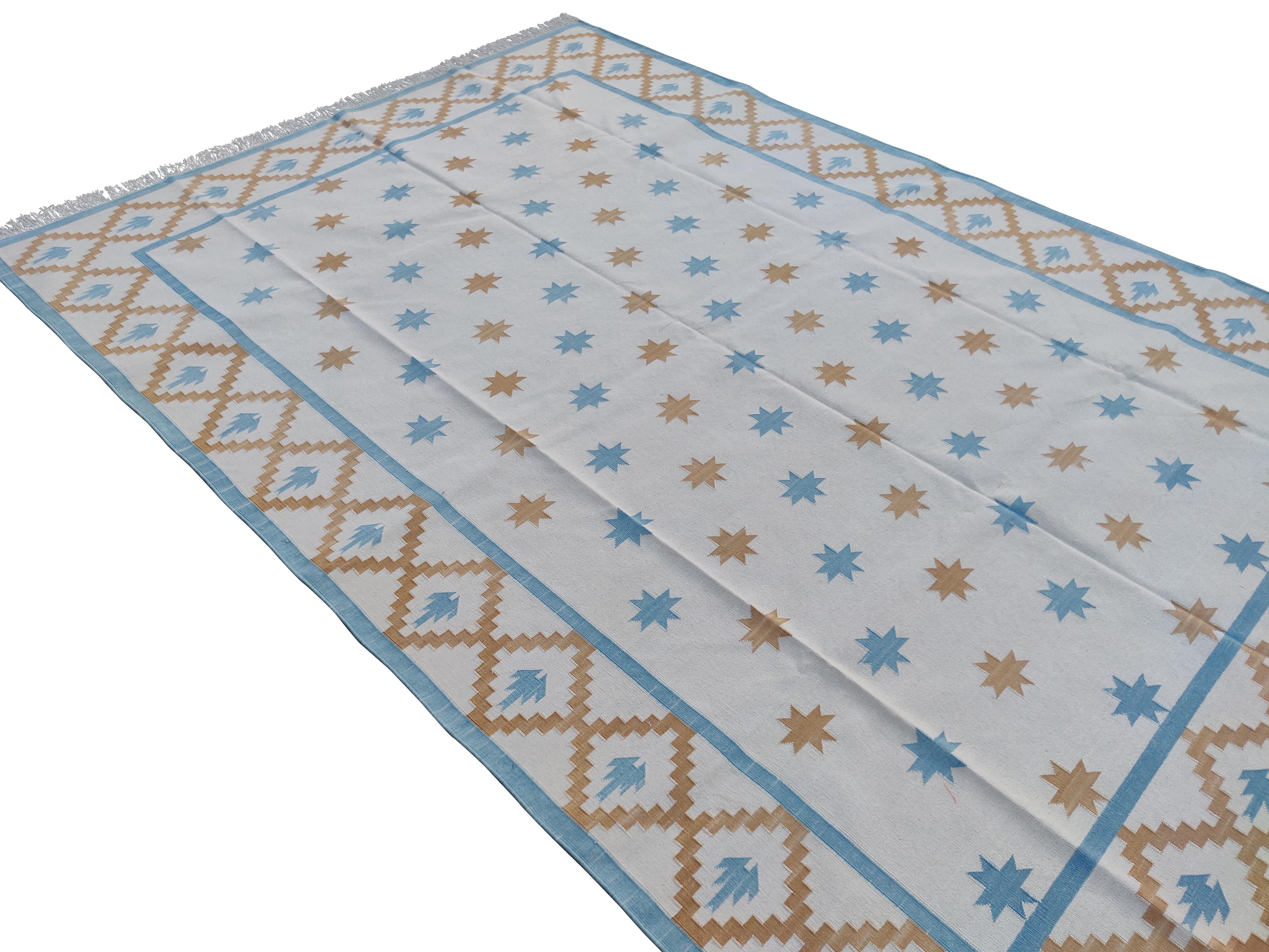 Handmade Cotton Area Flat Weave Rug, Cream, Tan, Blue Indian Star Indian Dhurrie For Sale 3