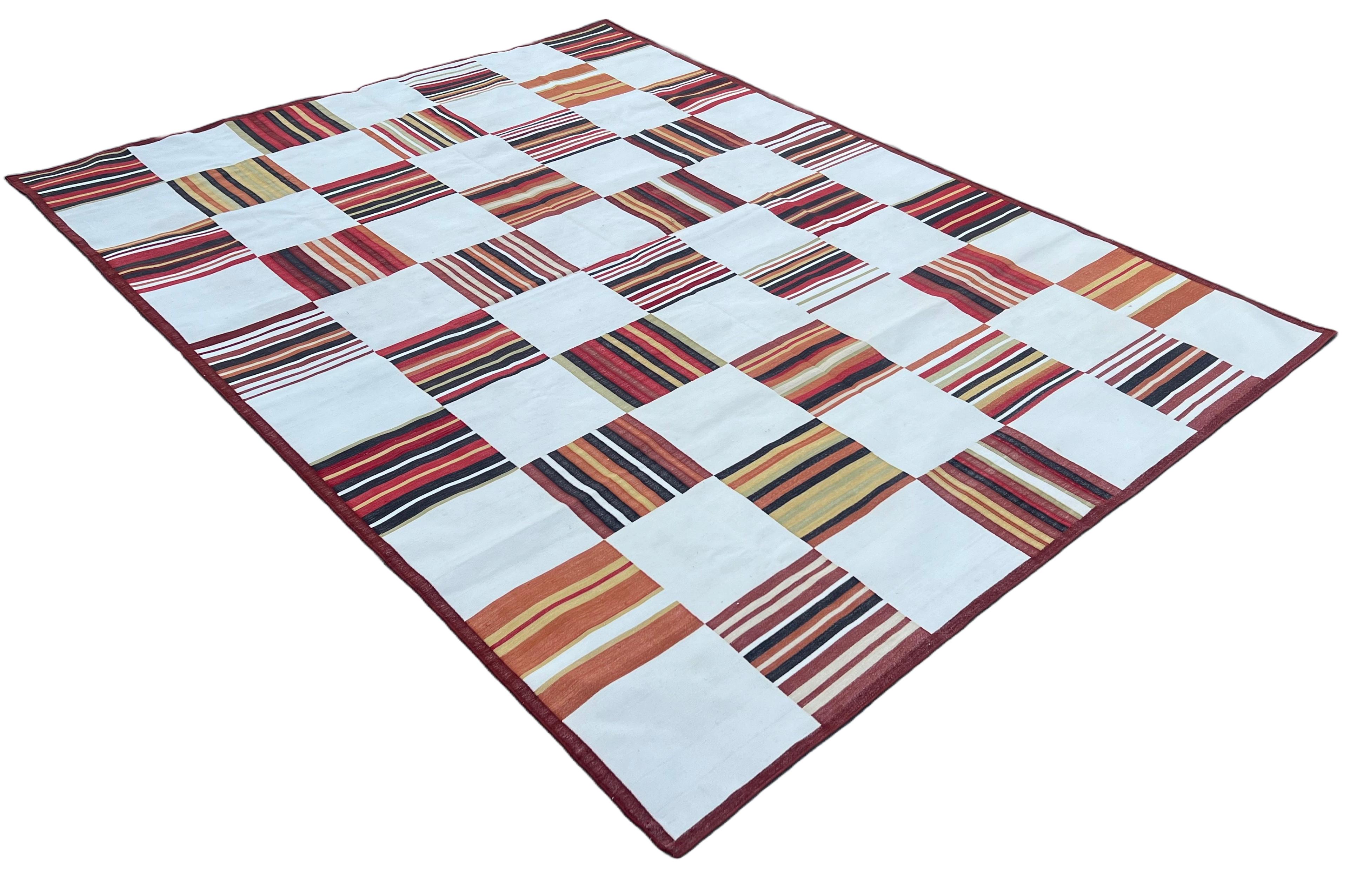 Cotton Vegetable Dyed Area Rug, Cream & Terracotta Red Tile Patterned Indian Dhurrie-9'x12'
These special flat-weave dhurries are hand-woven with 15 ply 100% cotton yarn. Due to the special manufacturing techniques used to create our rugs, the size