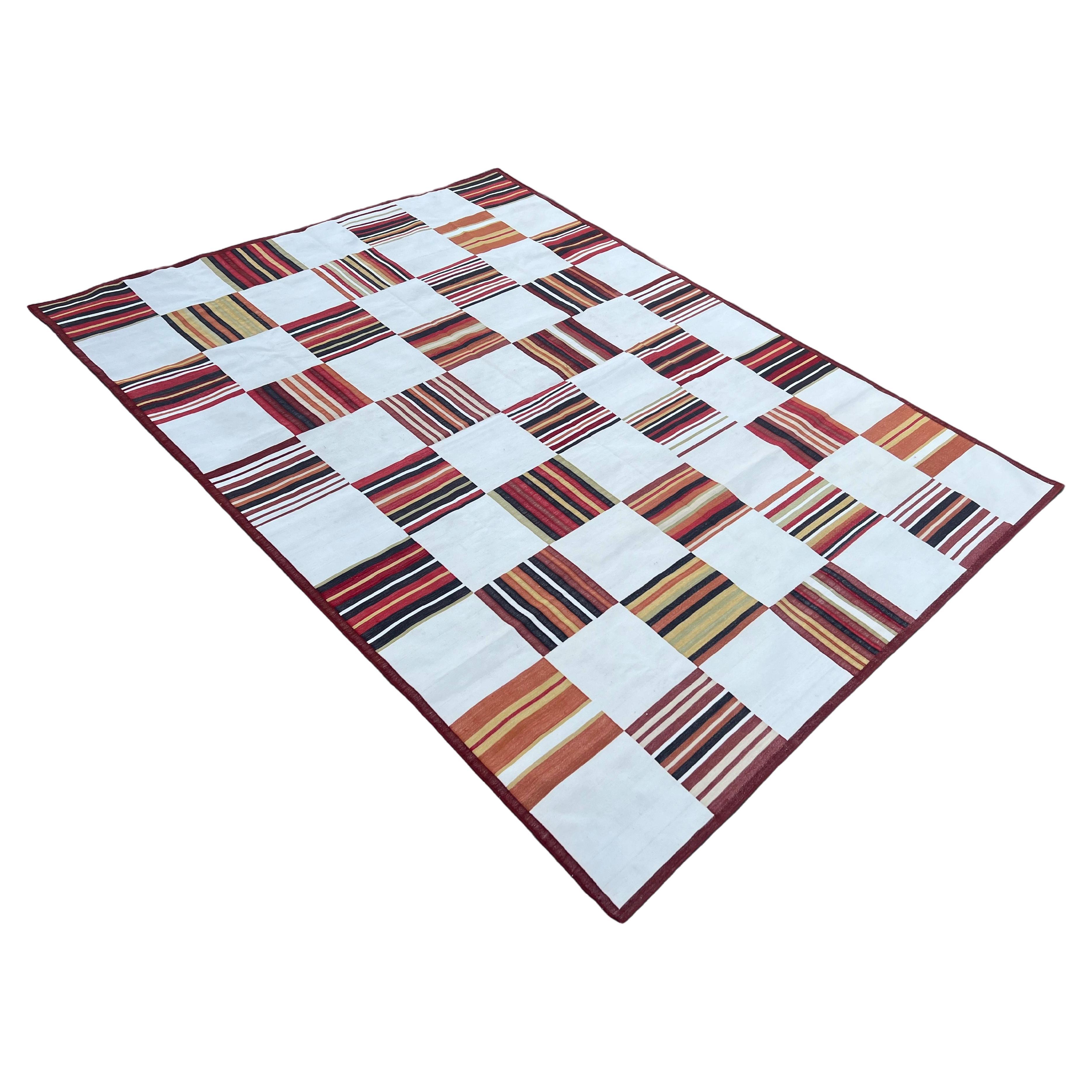 Handmade Cotton Area Flat Weave Rug, Cream & Terracotta Red Tile Pattern Dhurrie For Sale