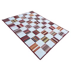 Handmade Cotton Area Flat Weave Rug, Cream & Terracotta Red Tile Pattern Dhurrie