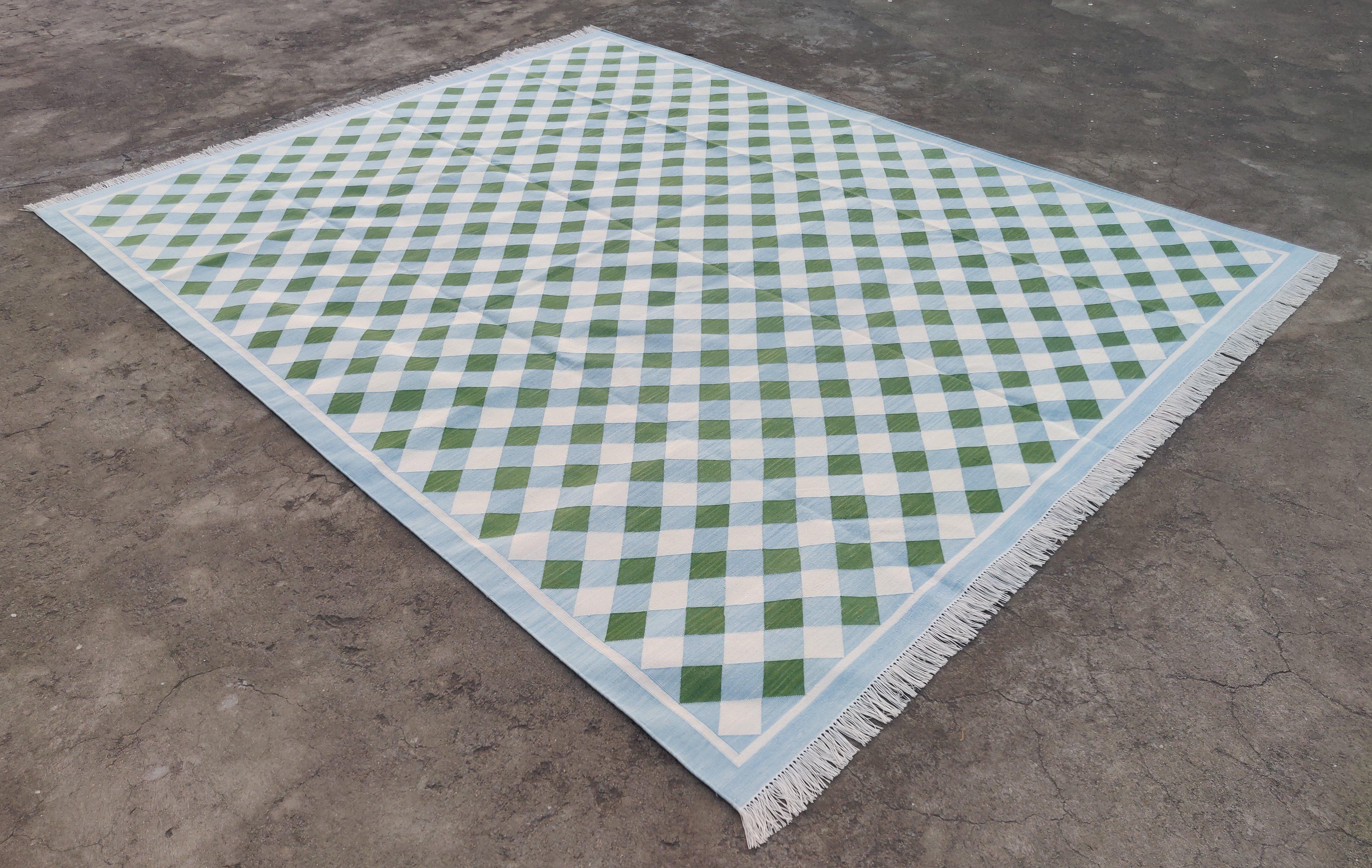 Handmade Cotton Area Flat Weave Rug, Green And Blue Checked Indian Dhurrie Rug For Sale 4