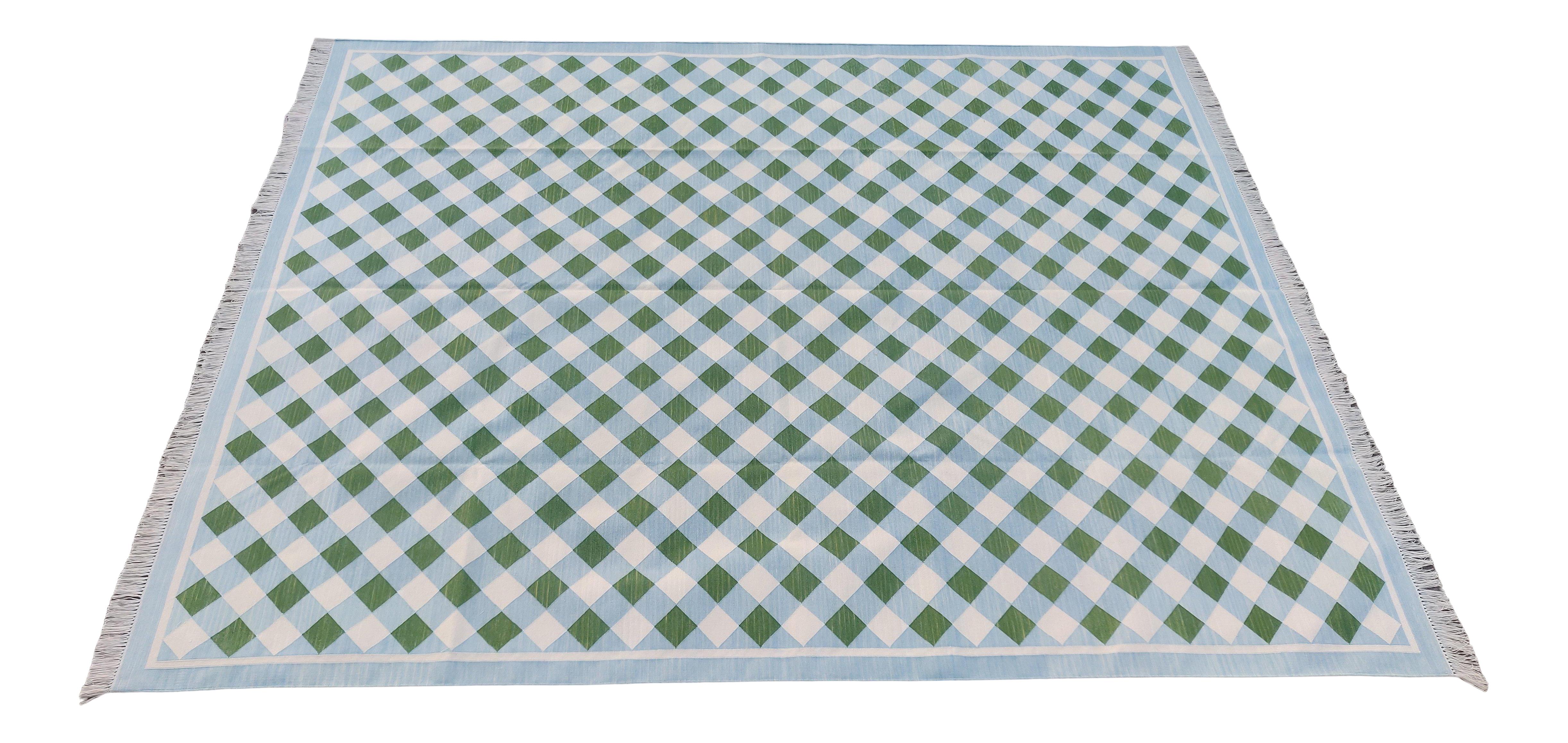 Hand-Woven Handmade Cotton Area Flat Weave Rug, Green And Blue Checked Indian Dhurrie Rug For Sale