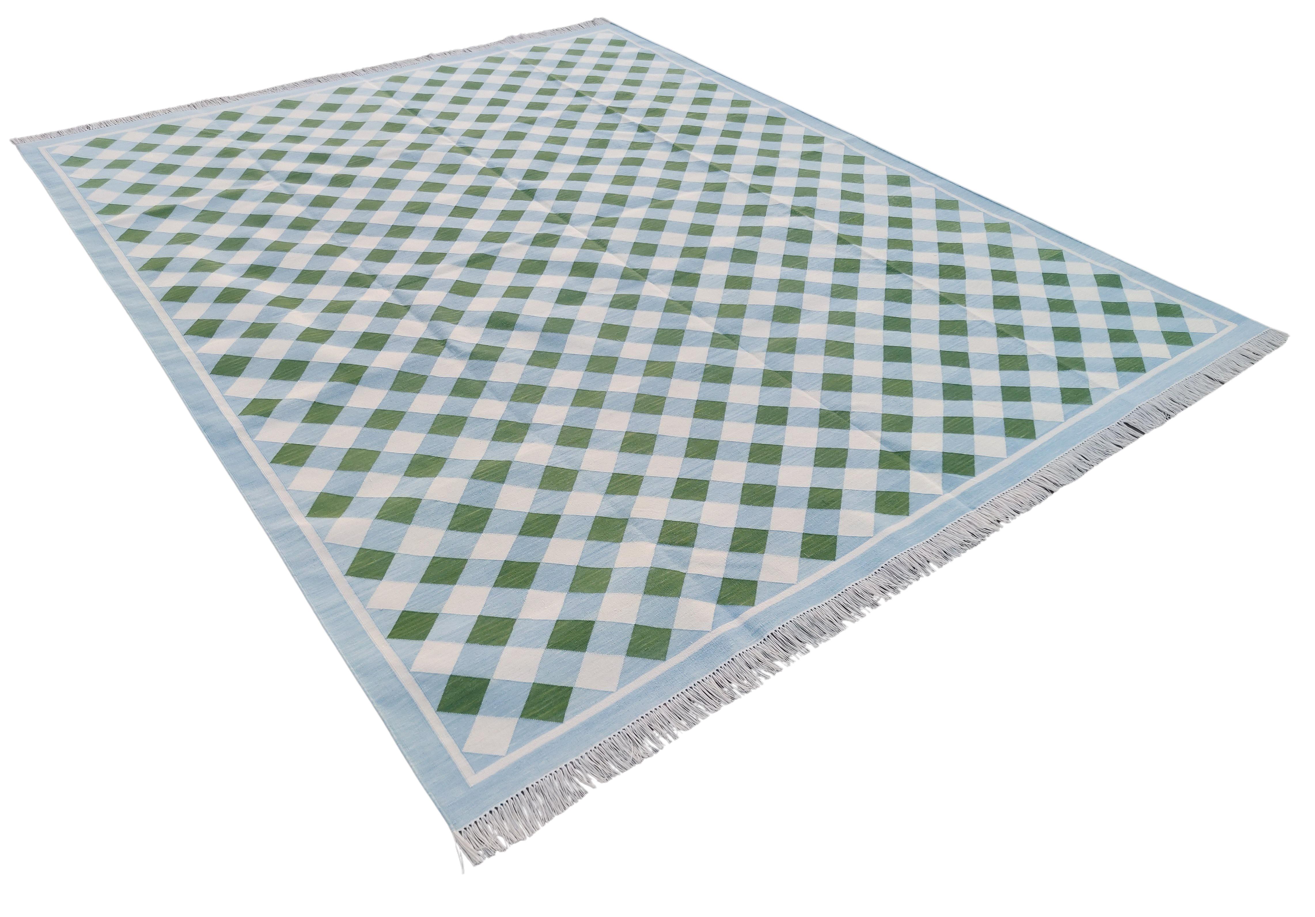 Handmade Cotton Area Flat Weave Rug, 9x12 Green, Blue Checked Indian Dhurrie Rug In New Condition In Jaipur, IN