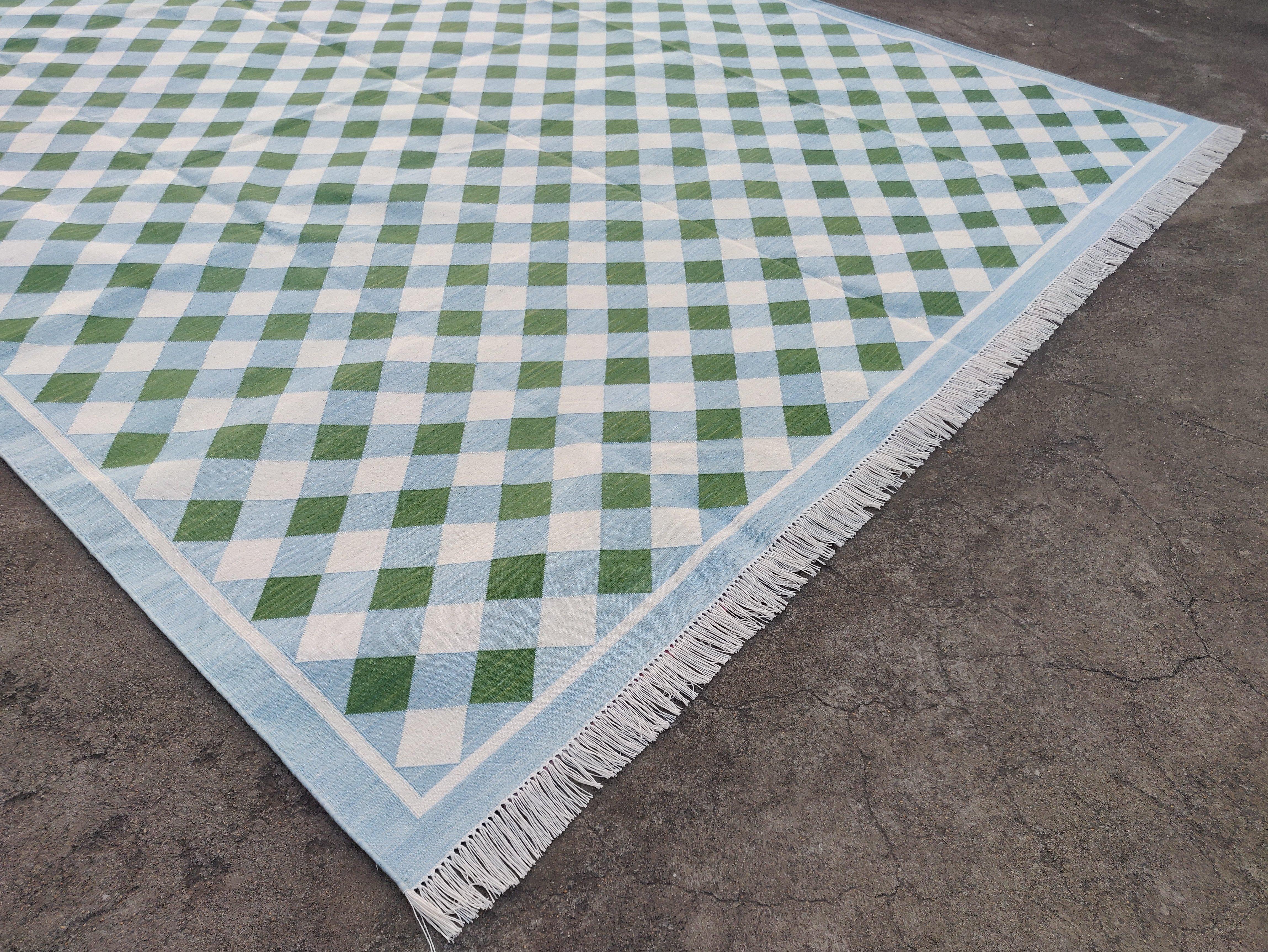 Contemporary Handmade Cotton Area Flat Weave Rug, Green And Blue Checked Indian Dhurrie Rug For Sale