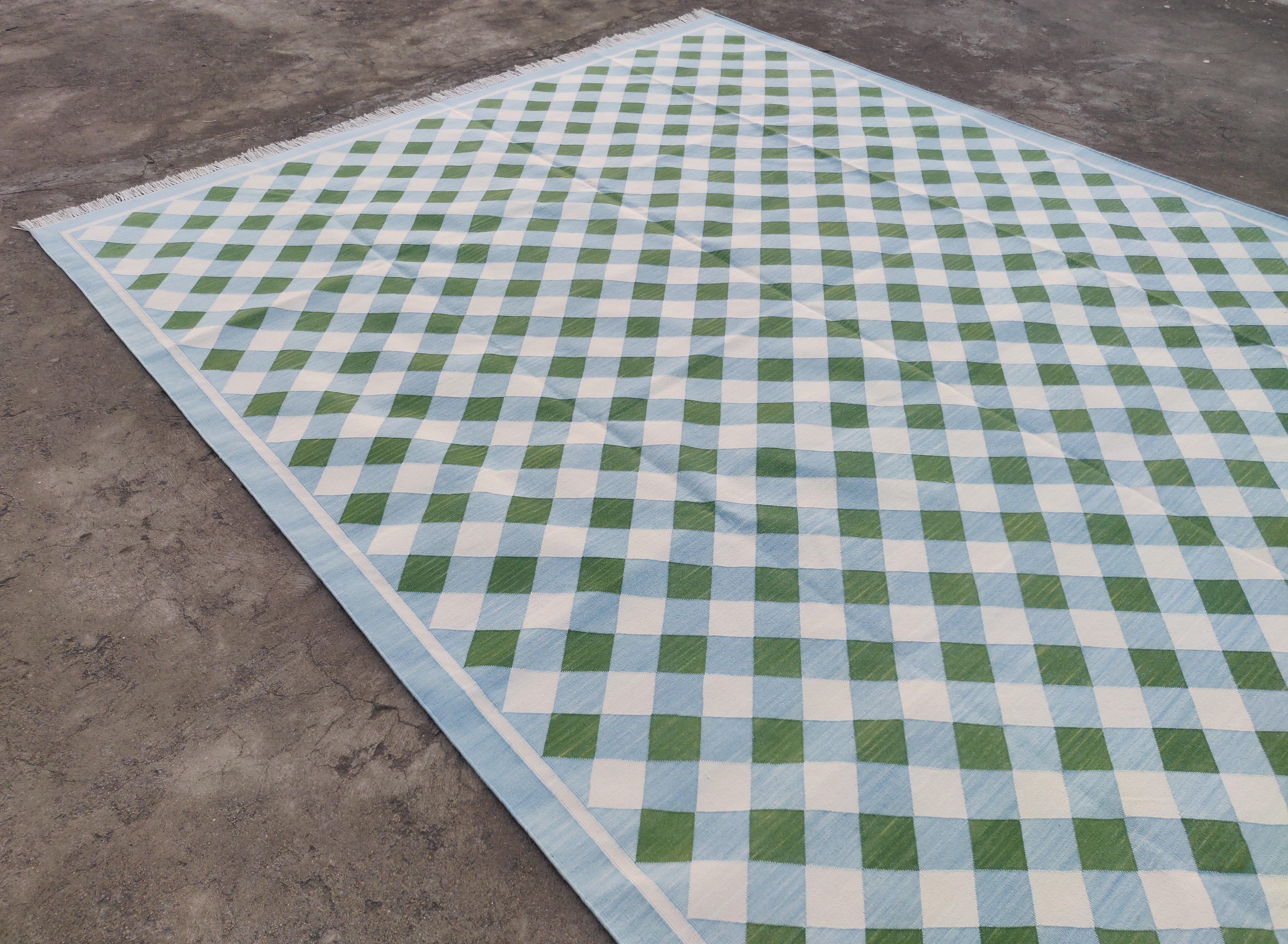 Handmade Cotton Area Flat Weave Rug, Green And Blue Checked Indian Dhurrie Rug For Sale 1