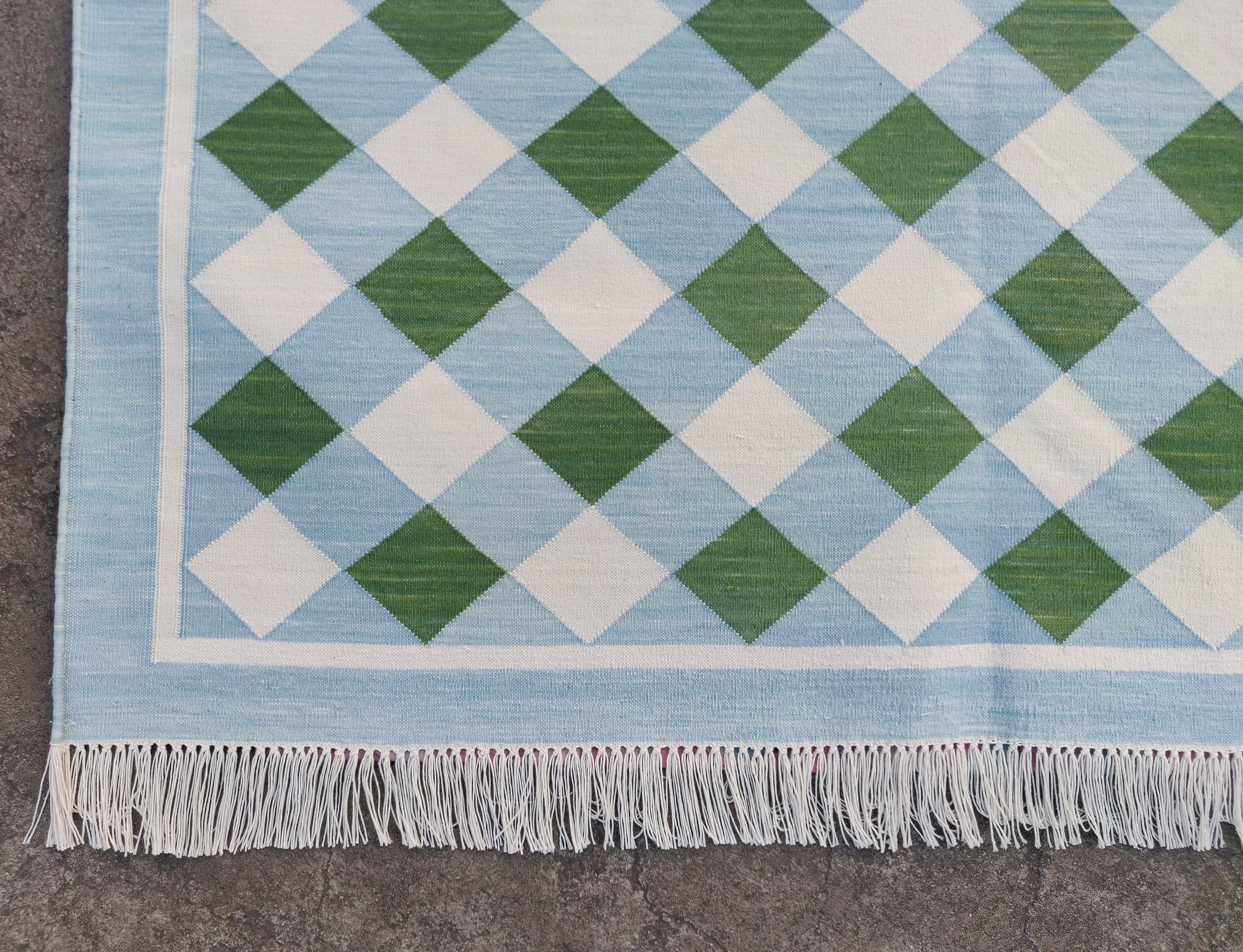 Handmade Cotton Area Flat Weave Rug, Green And Blue Checked Indian Dhurrie Rug For Sale 2