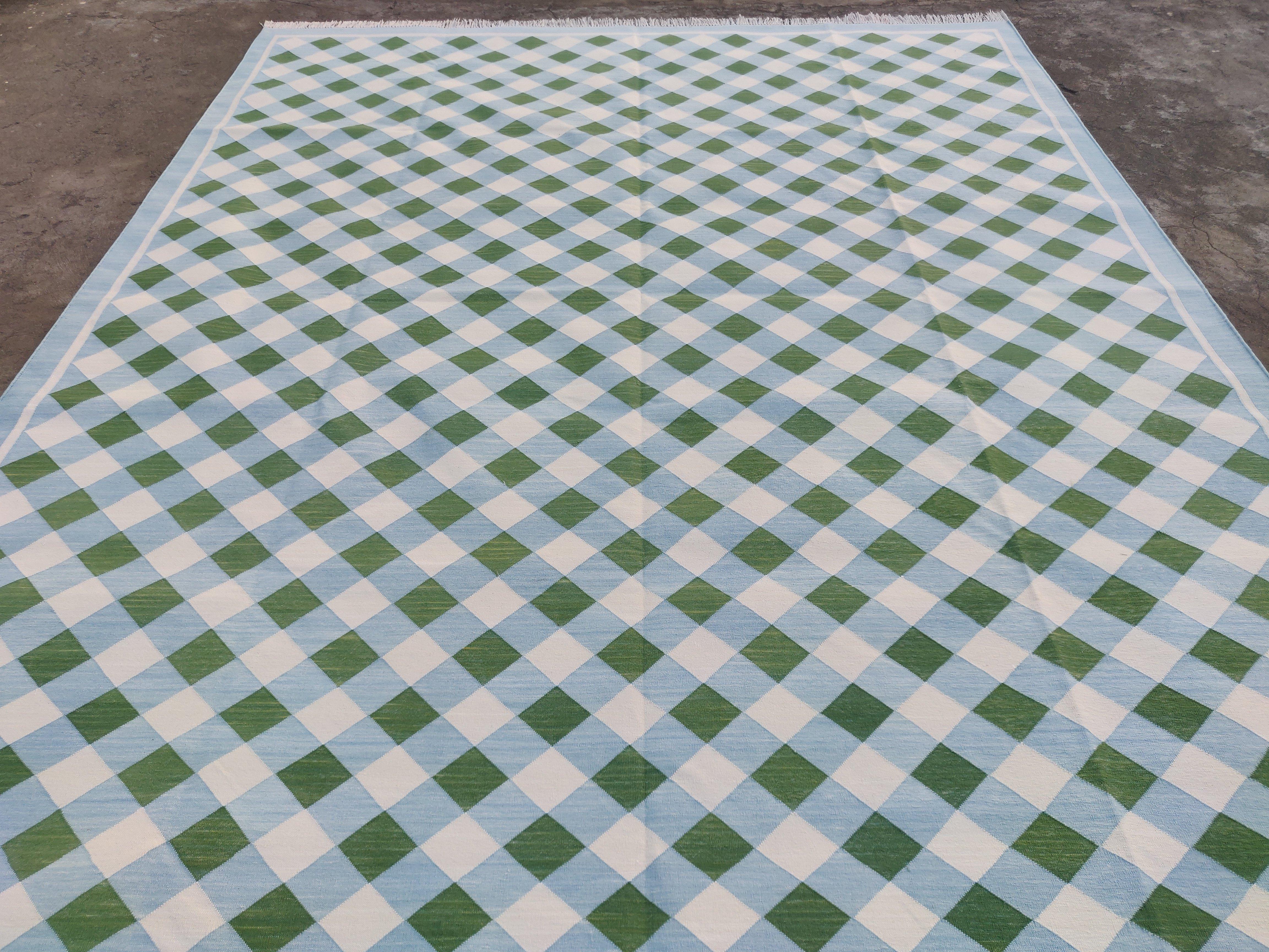 Handmade Cotton Area Flat Weave Rug, Green And Blue Checked Indian Dhurrie Rug For Sale 3